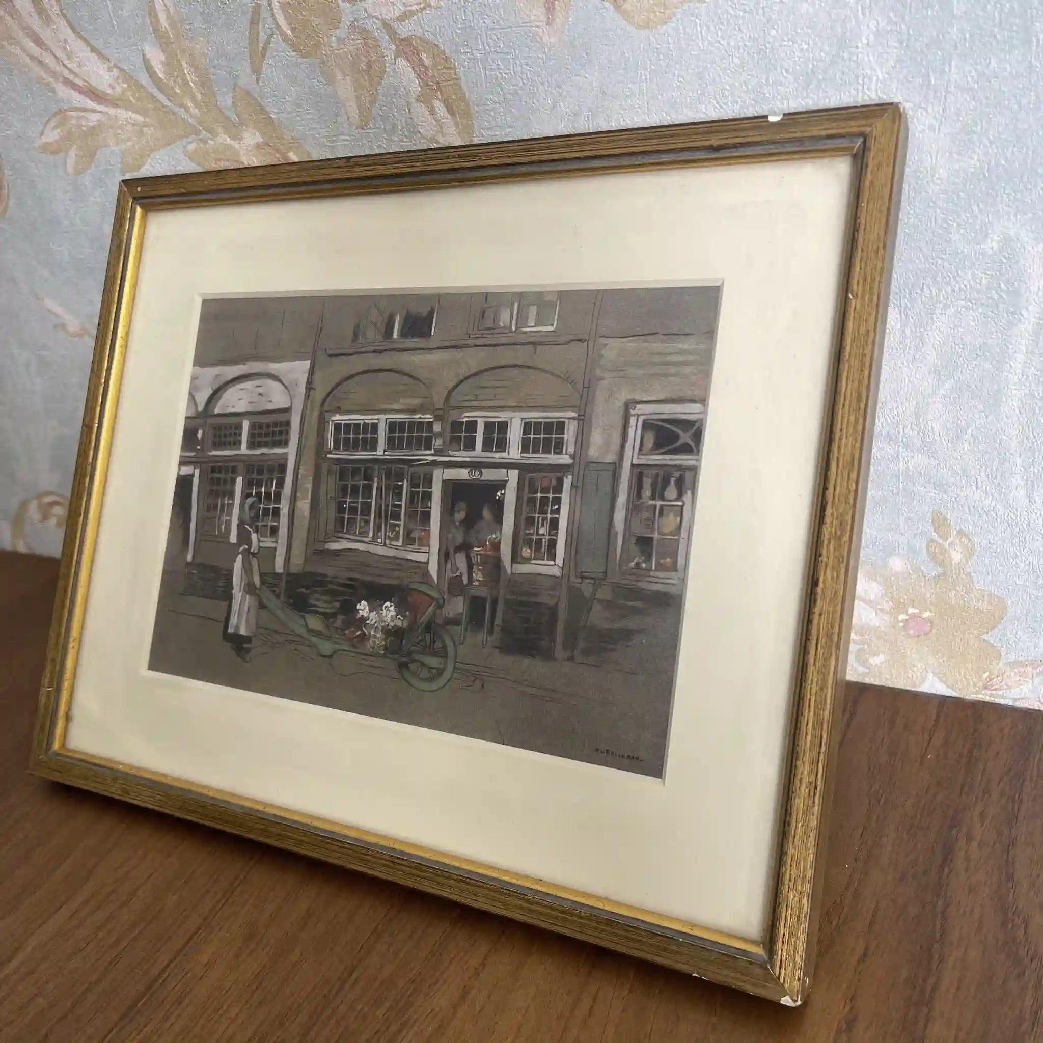 【复古】复制画/ w.l. BRUCKMAN /“Ypres / Old Shops”/ 20世纪初（推测）/纸/英国/爱德华框架