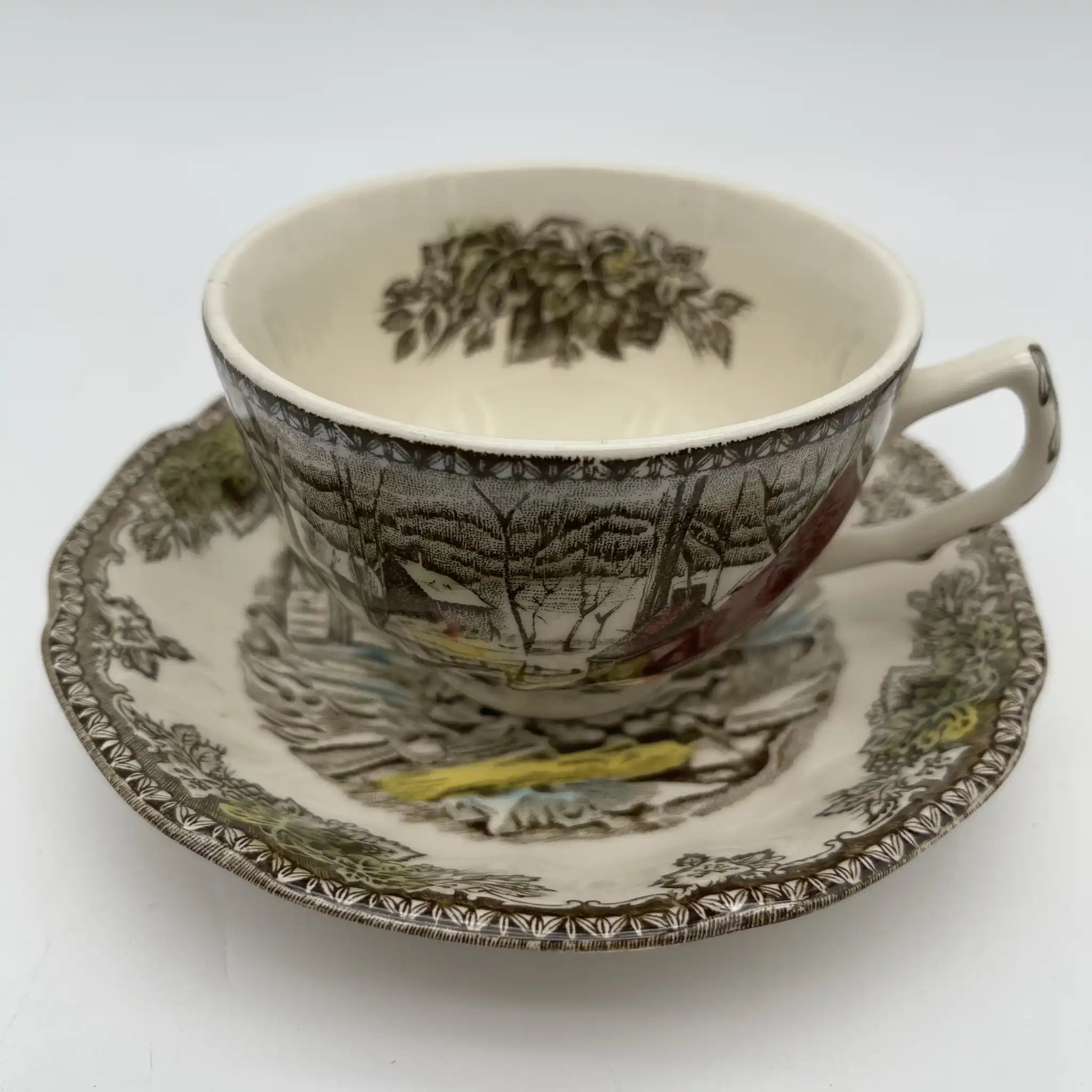 【ビンテージ】 カップ＆ソーサー2P / Johnson Brothers（ジョンソンブラザーズ) / The Friendly Village / The Ice House / 推定1950-1970年代 / アイアンストーン / イギリス / 銅版転写,雪景色