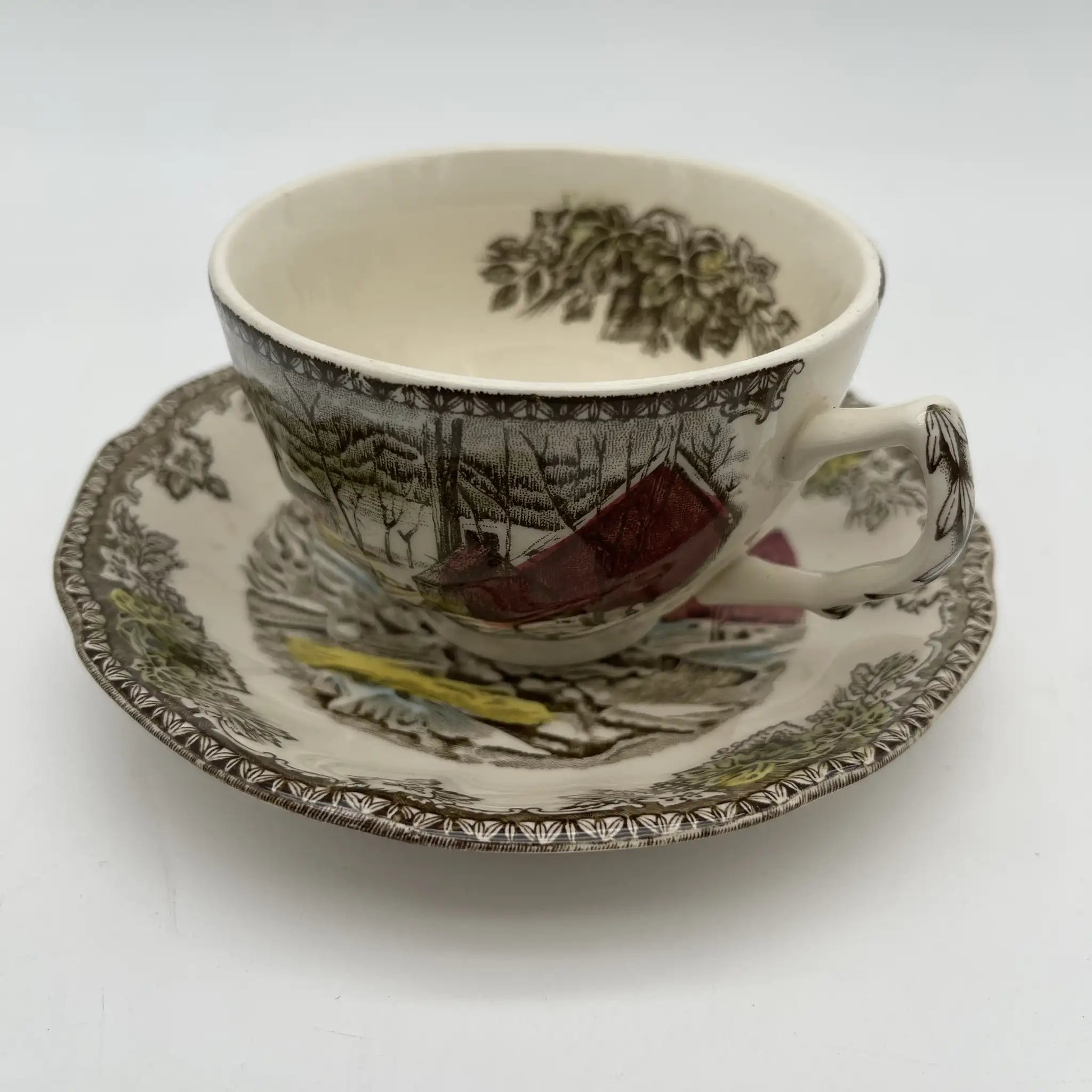 [Vintage] Cup & saucer 2P / Johnson Brothers / The Friendly Village / The Ice House / Estimated 1950-1970s / Ironstone / England / Copperplate transfer, snow scene