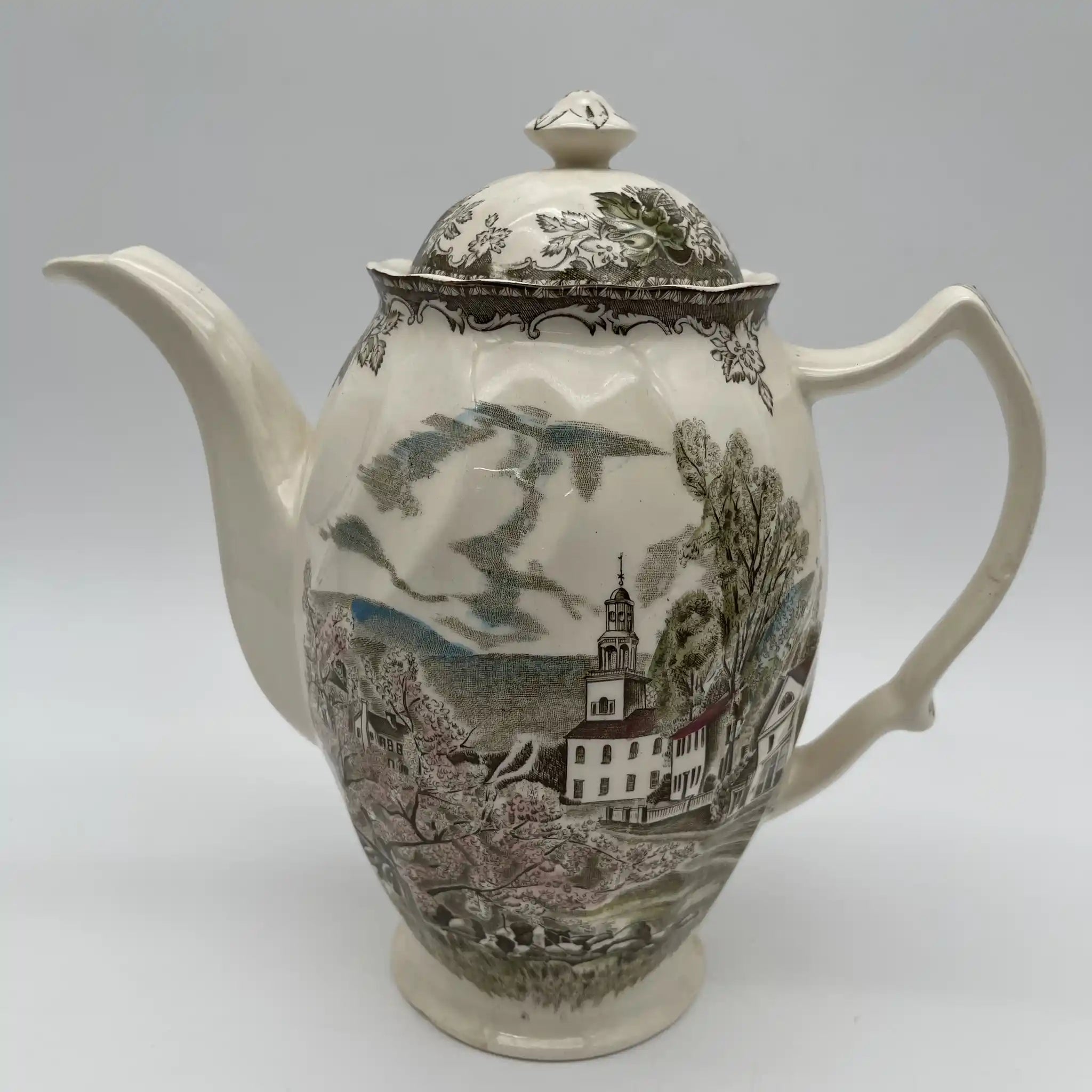 【ビンテージ】 コーヒーポット / Johnson Brothers（ジョンソンブラザーズ) / The Friendly Village / 推定1950-1970年代 / アイアンストーン / イギリス / 銅版転写,アイアンストーン,エドワーディアン・シェイプ