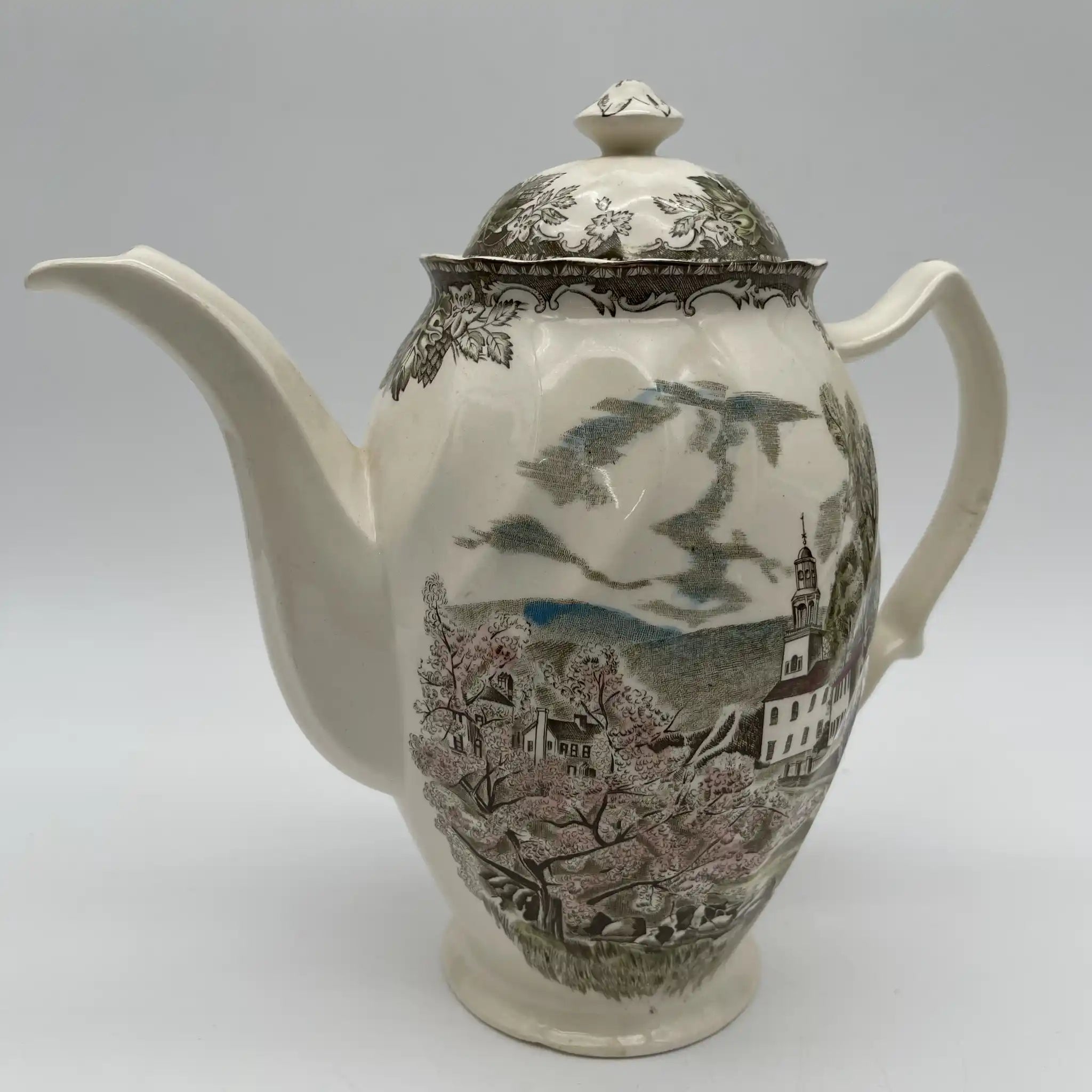 【ビンテージ】 コーヒーポット / Johnson Brothers（ジョンソンブラザーズ) / The Friendly Village / 推定1950-1970年代 / アイアンストーン / イギリス / 銅版転写,アイアンストーン,エドワーディアン・シェイプ