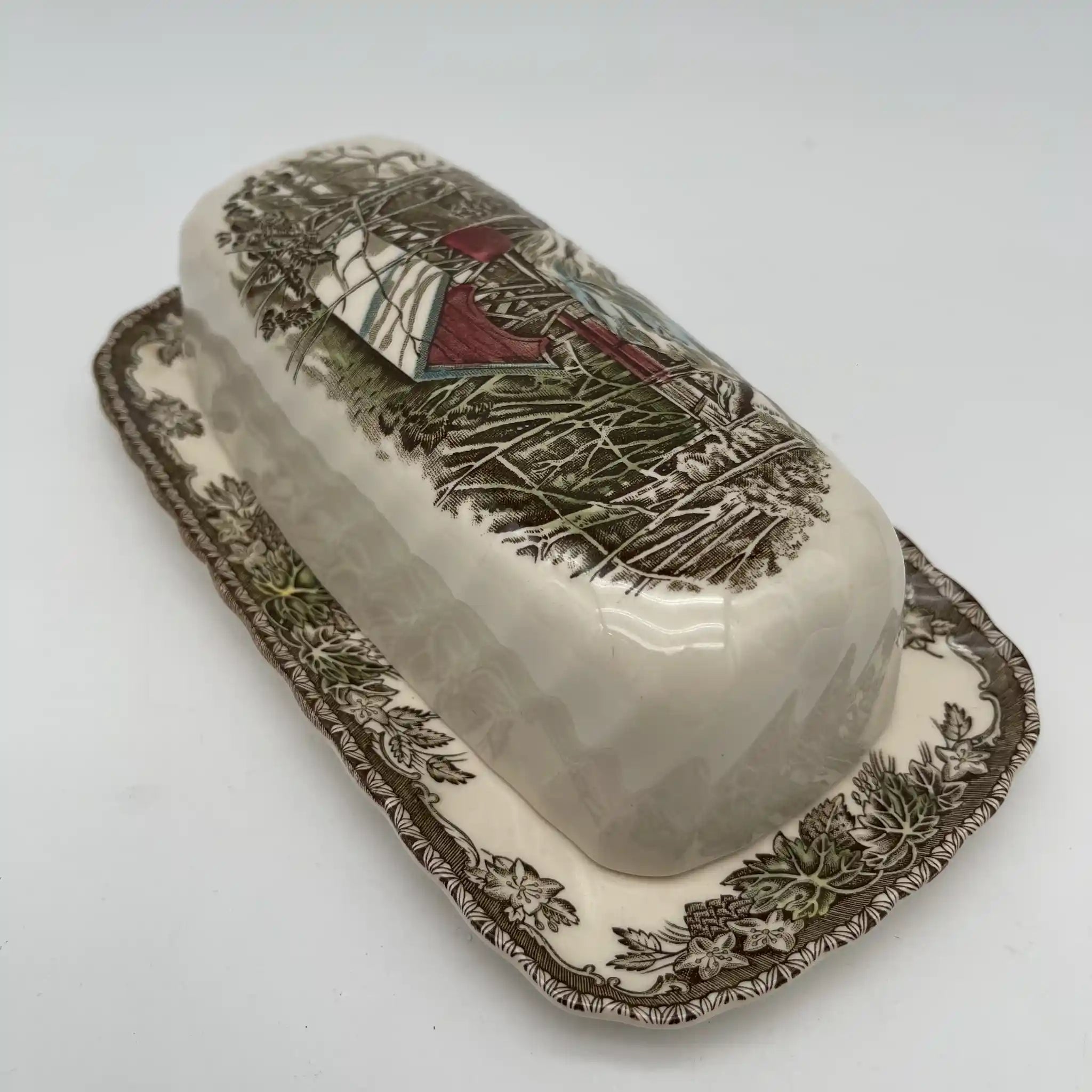 [Vintage] Butter Dish / Johnson Brothers / The Friendly Village / The Covered Bridge / Estimated 1980-1990s / Ironstone / England / Copperplate transfer