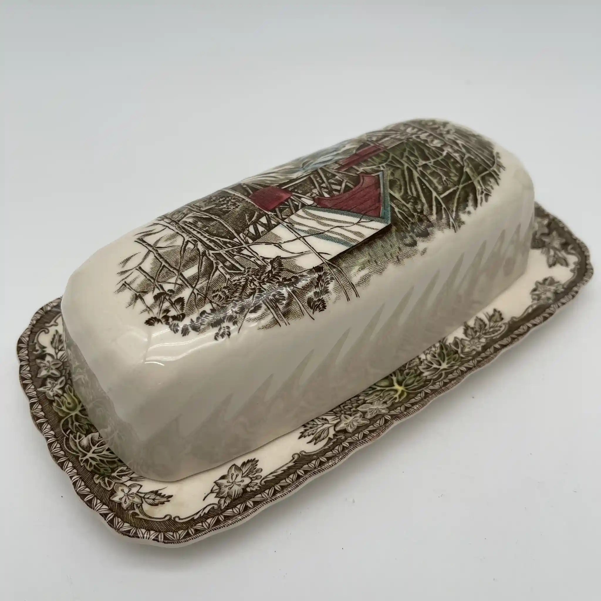 [Vintage] Butter Dish / Johnson Brothers / The Friendly Village / The Covered Bridge / Estimated 1980-1990s / Ironstone / England / Copperplate transfer