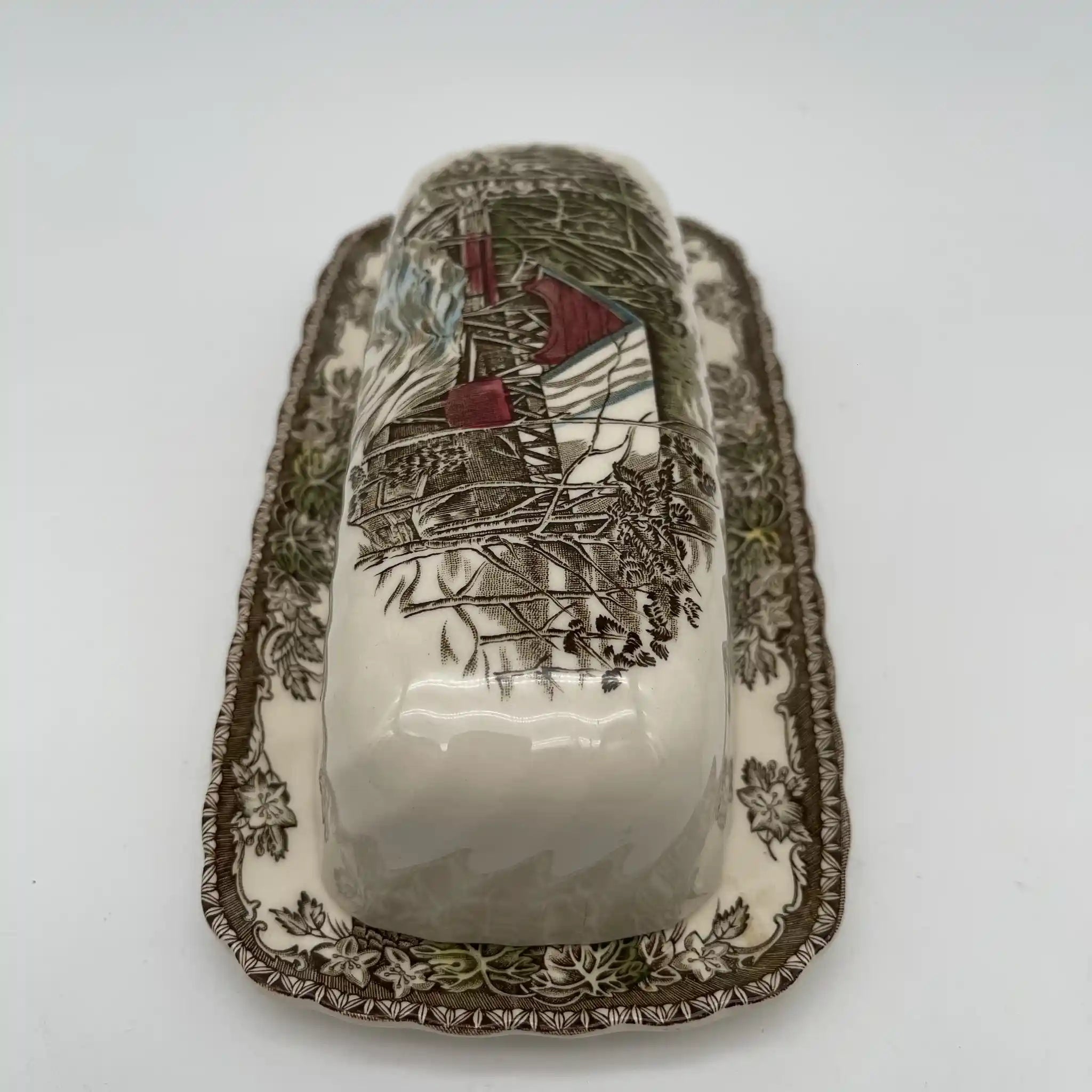 [Vintage] Butter Dish / Johnson Brothers / The Friendly Village / The Covered Bridge / Estimated 1980-1990s / Ironstone / England / Copperplate transfer