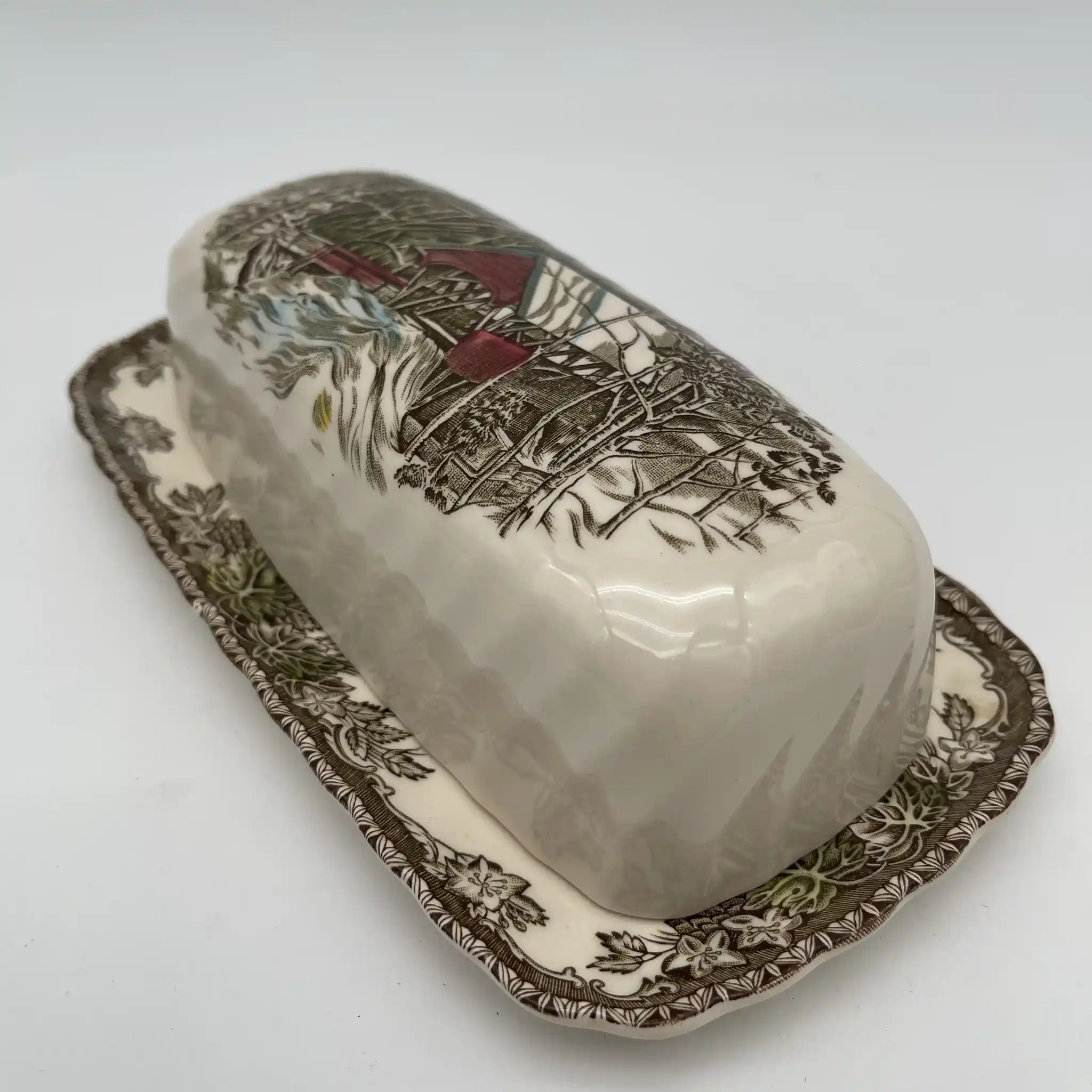 [Vintage] Butter Dish / Johnson Brothers / The Friendly Village / The Covered Bridge / Estimated 1980-1990s / Ironstone / England / Copperplate transfer