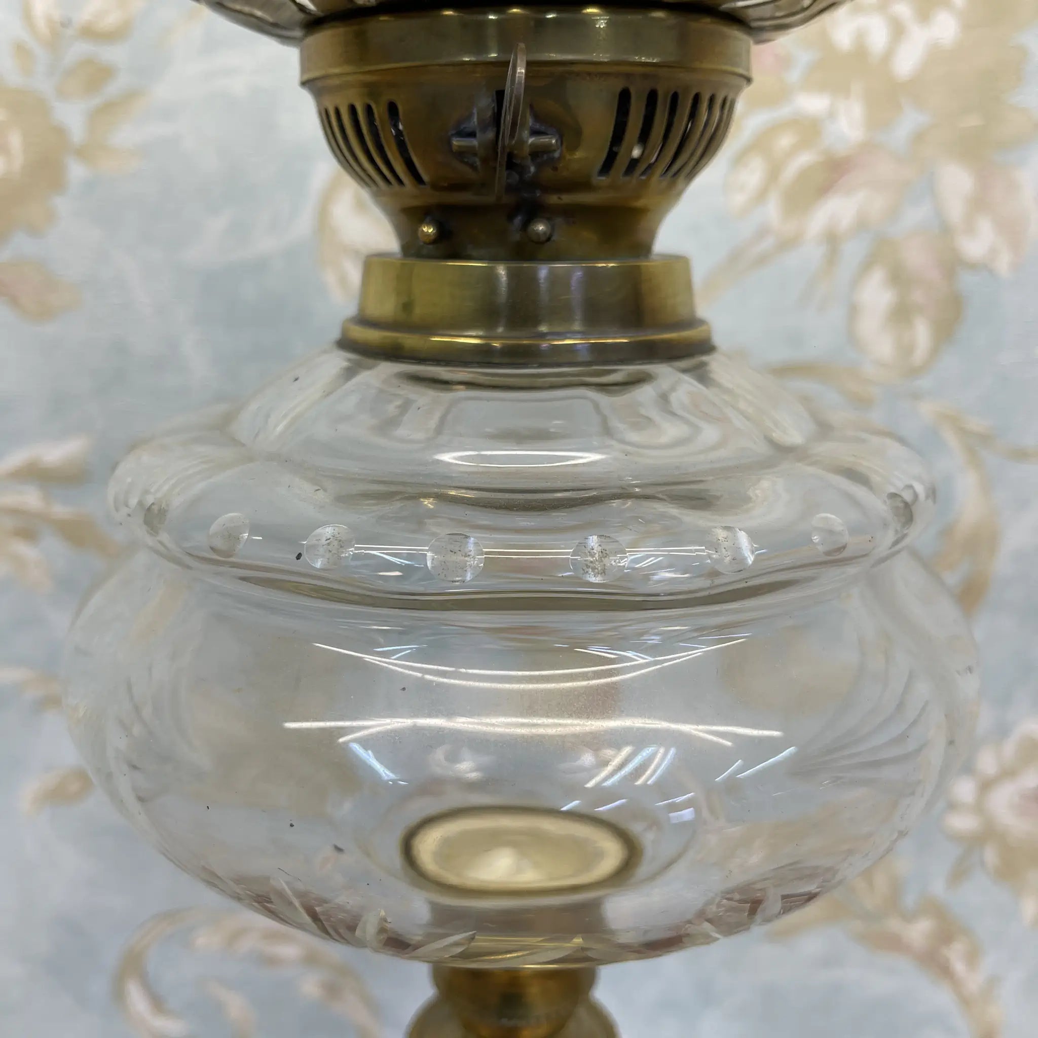 【古董】油灯/爱德华风格/估计1900年左右/玻璃/英国/蚀刻玻璃，双工燃烧器，切割水晶