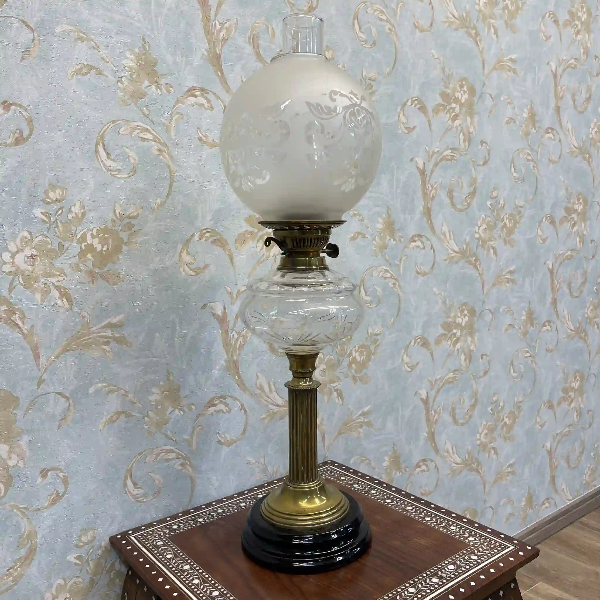 【古董】油灯/爱德华风格/估计1900年左右/玻璃/英国/蚀刻玻璃，双工燃烧器，切割水晶