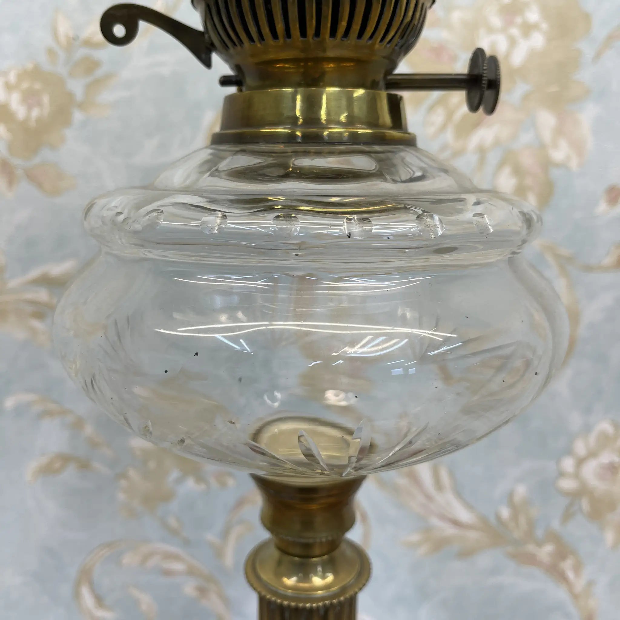 【古董】油灯/爱德华风格/估计1900年左右/玻璃/英国/蚀刻玻璃，双工燃烧器，切割水晶