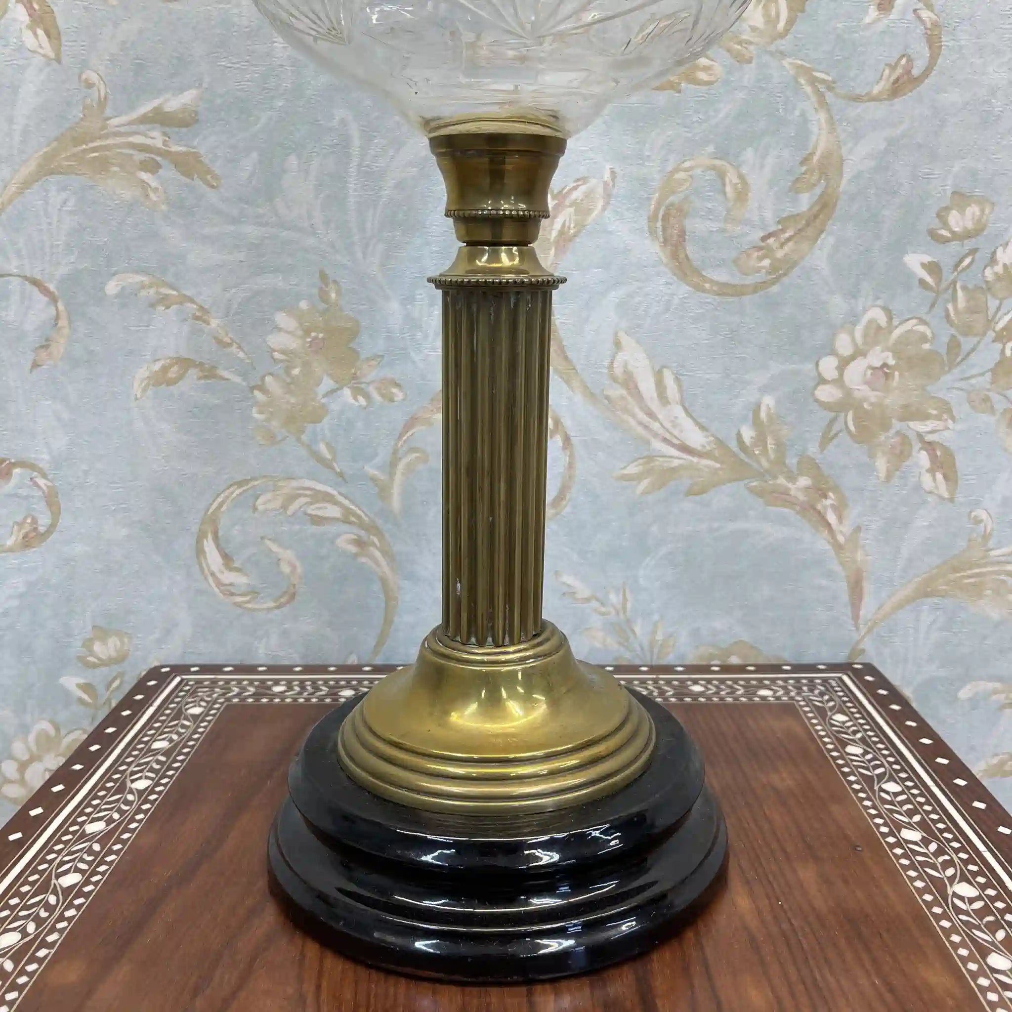 【古董】油灯/爱德华风格/估计1900年左右/玻璃/英国/蚀刻玻璃，双工燃烧器，切割水晶