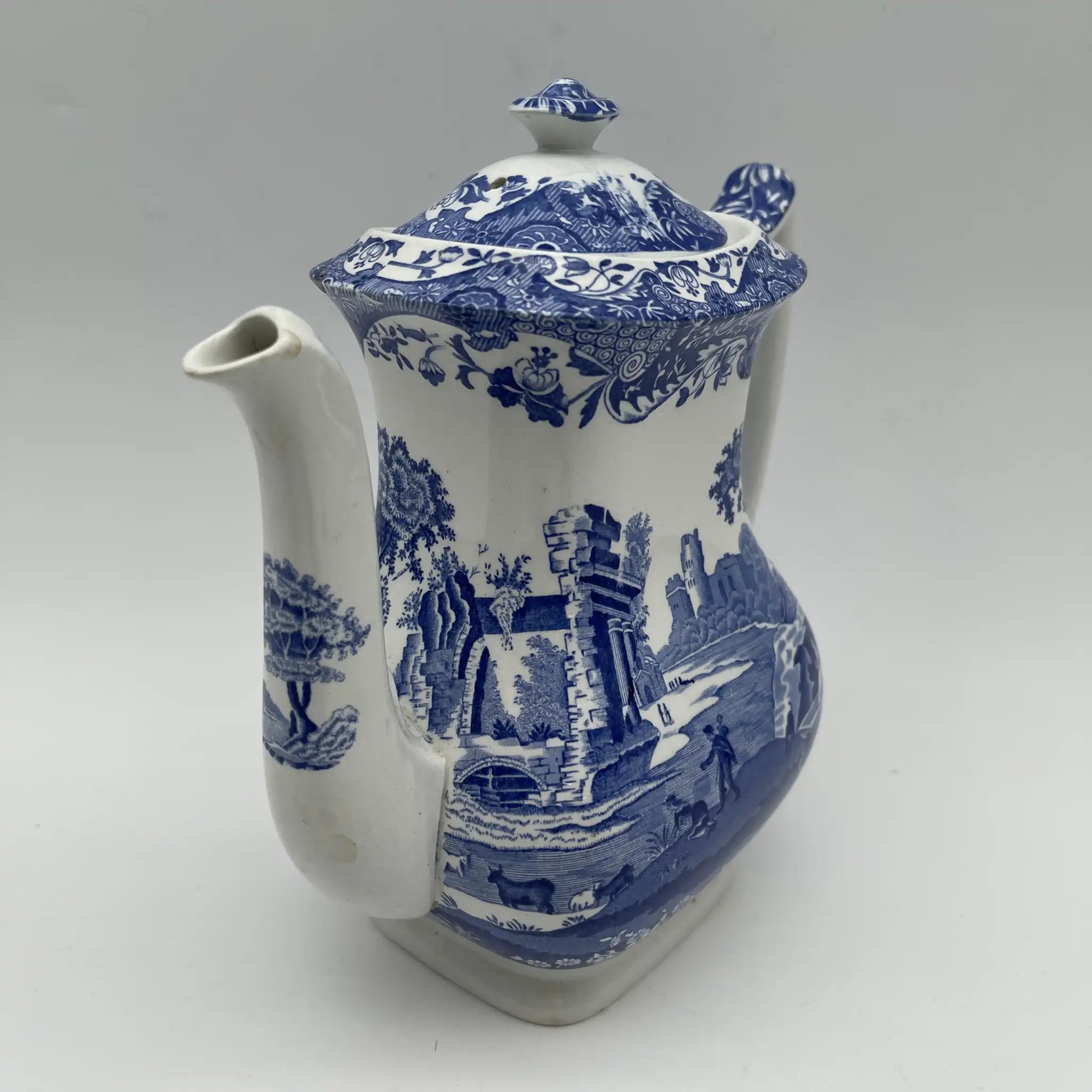【アンティーク】 ティーポット / Spode (スポード) / Blue Italian / 1890-1920年代 / 陶器 / イギリス / ブルー＆ホワイト, 銅版転写, 古代ローマ遺跡