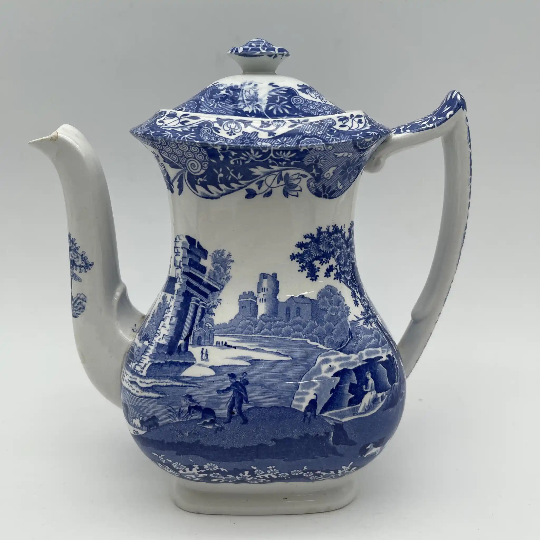 【アンティーク】 ティーポット / Spode (スポード) / Blue Italian / 1890-1920年代 / 陶器 / イギリス / ブルー＆ホワイト, 銅版転写, 古代ローマ遺跡