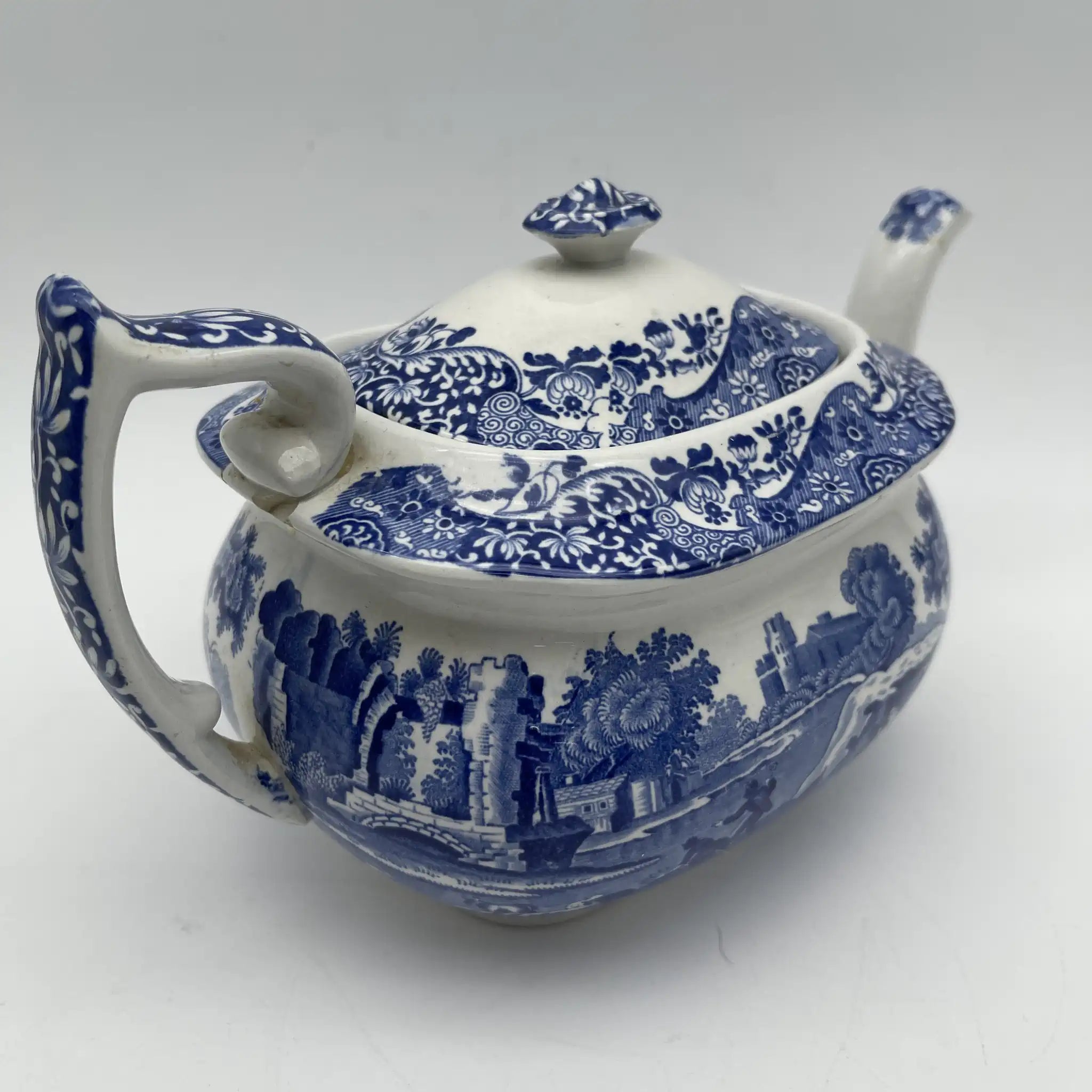 【アンティーク】 ティーポット / Spode (スポード) / Blue Italian / 1890-1920年代 / 陶器 / イギリス / ブルー＆ホワイト, 銅版転写, 古代ローマ遺跡