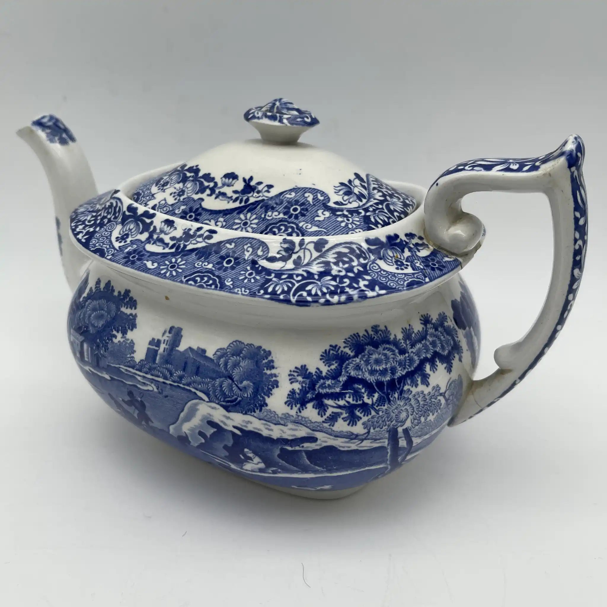 【アンティーク】 ティーポット / Spode (スポード) / Blue Italian / 1890-1920年代 / 陶器 / イギリス / ブルー＆ホワイト, 銅版転写, 古代ローマ遺跡