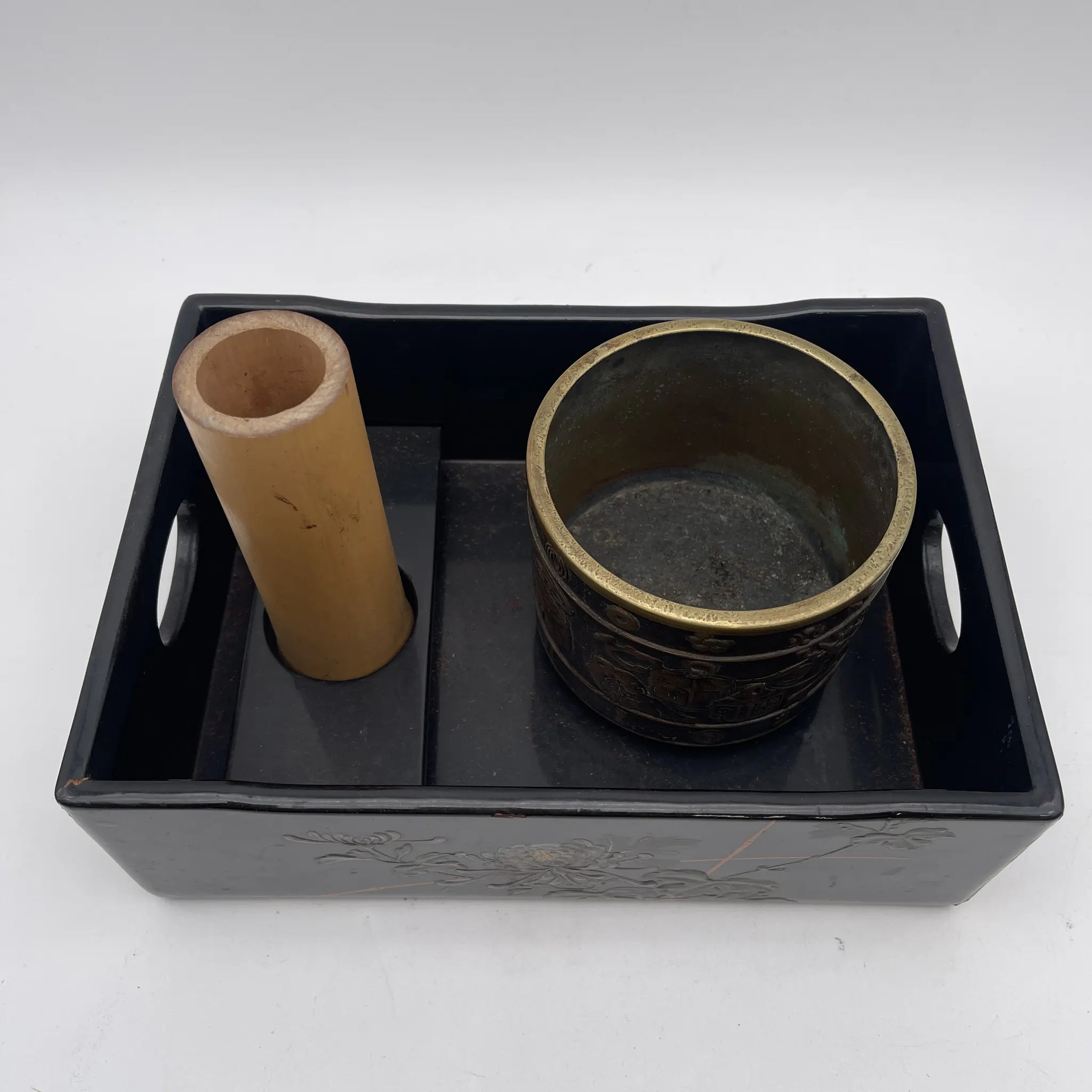 たばこ盆　骨董品 骨董品】 煙草盆セット (火入れ・灰吹き・盆) / 明治-昭和初期 (推定
