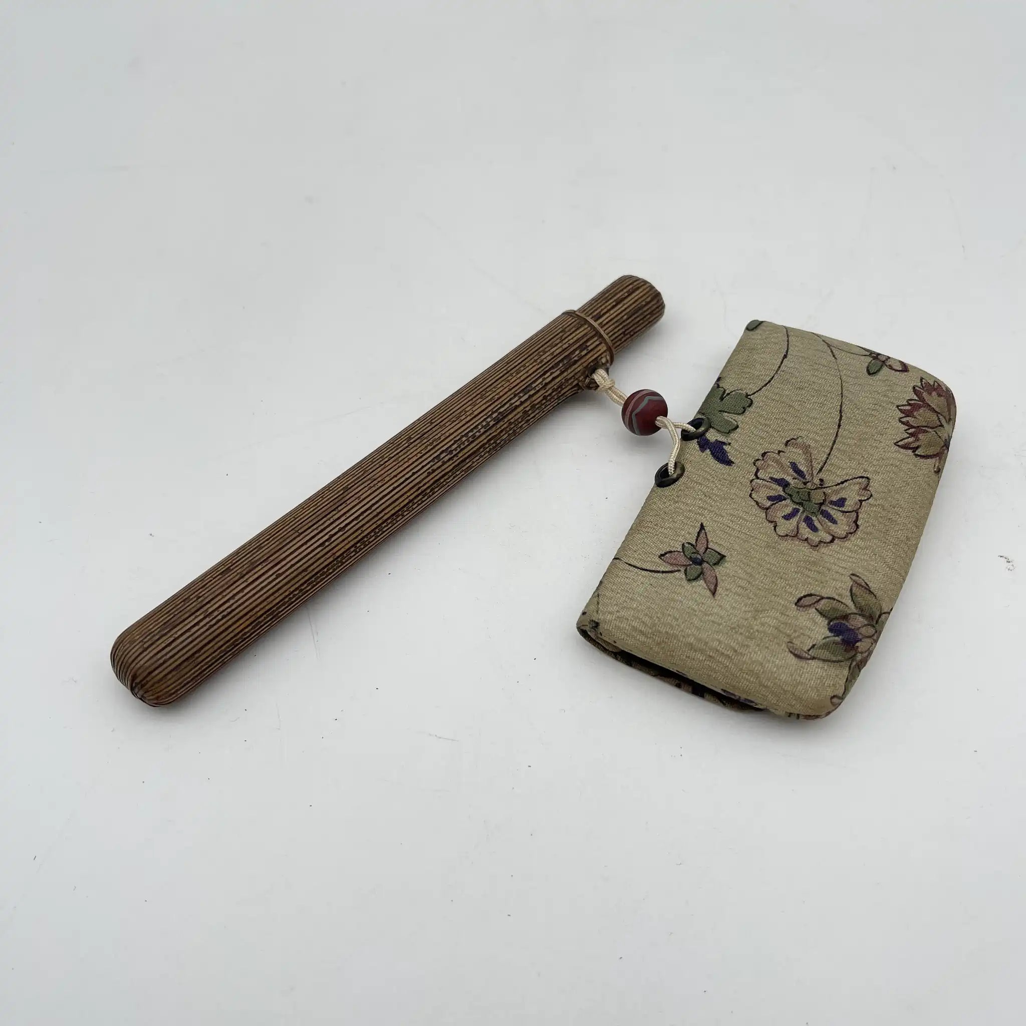【古董】烟管、烟袋、叺3p套装/明治-昭和初期（推定）/黄铜/日本/罗宇烟管