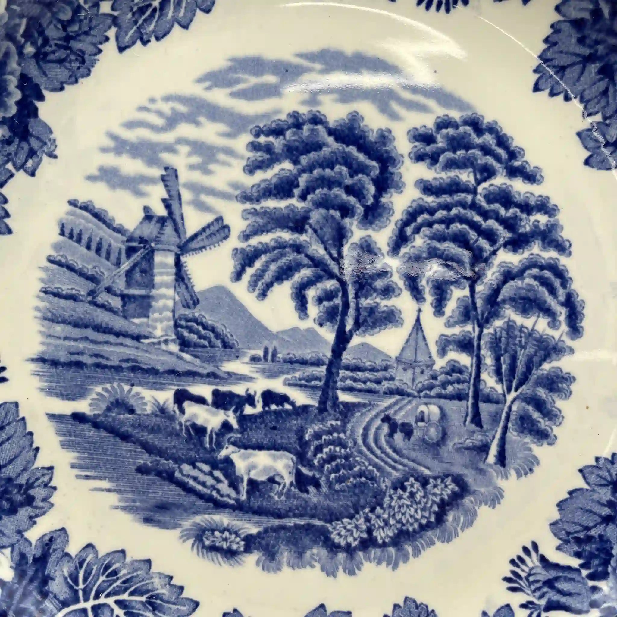 [Vintage] Dinner plate (main plate) / Wood & Sons / English Scenery / 1940-1960s (estimated) / Ironstone / England / Blue & White, Copperplate transfer, British countryside scene
