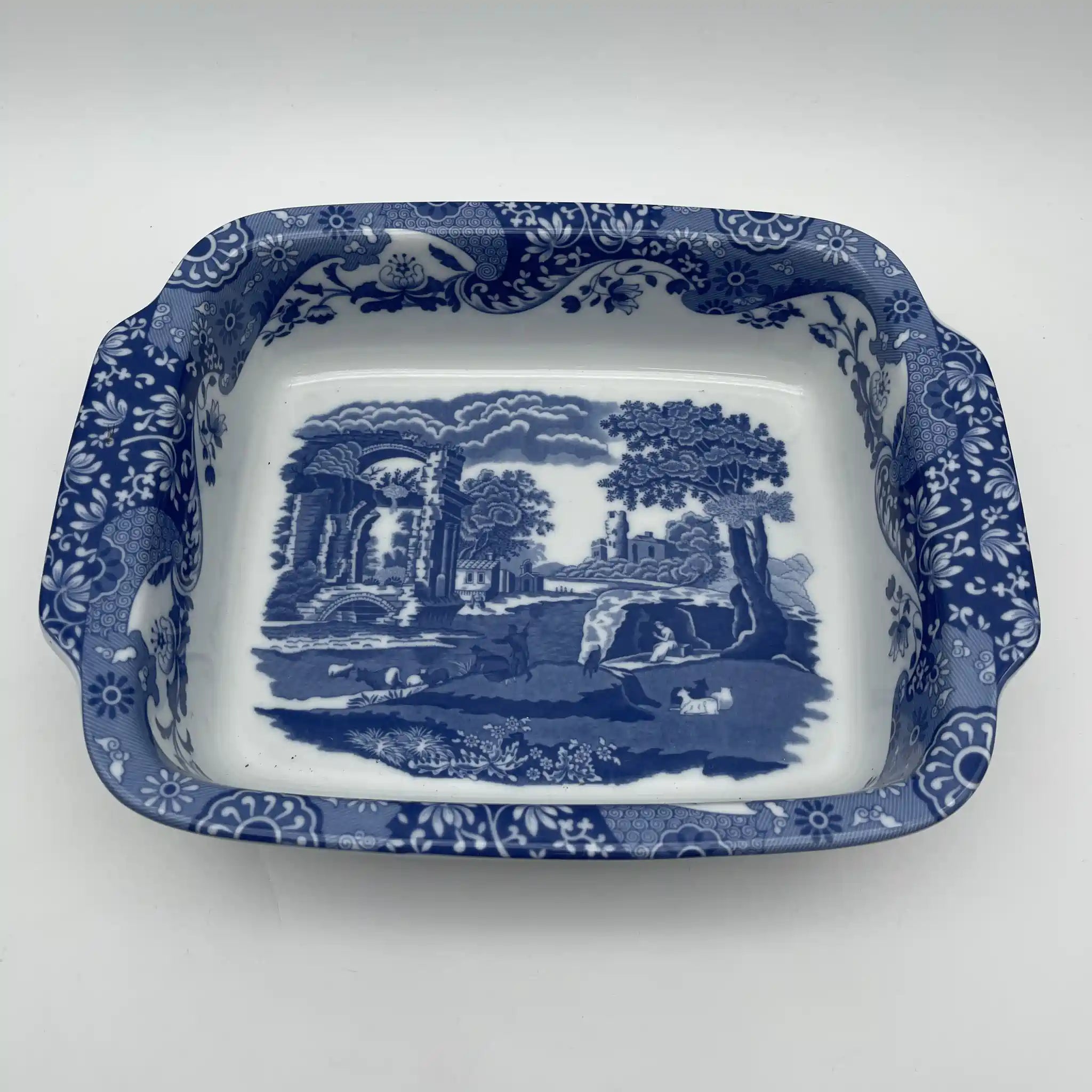 【リユース】 スクエアロースター (グラタン皿) / Spode (スポード) / Blue Italian / 1990-2000年代 / ストーンウェア / イギリス / ブルー＆ホワイト, 銅版転写, 古代ローマ遺跡