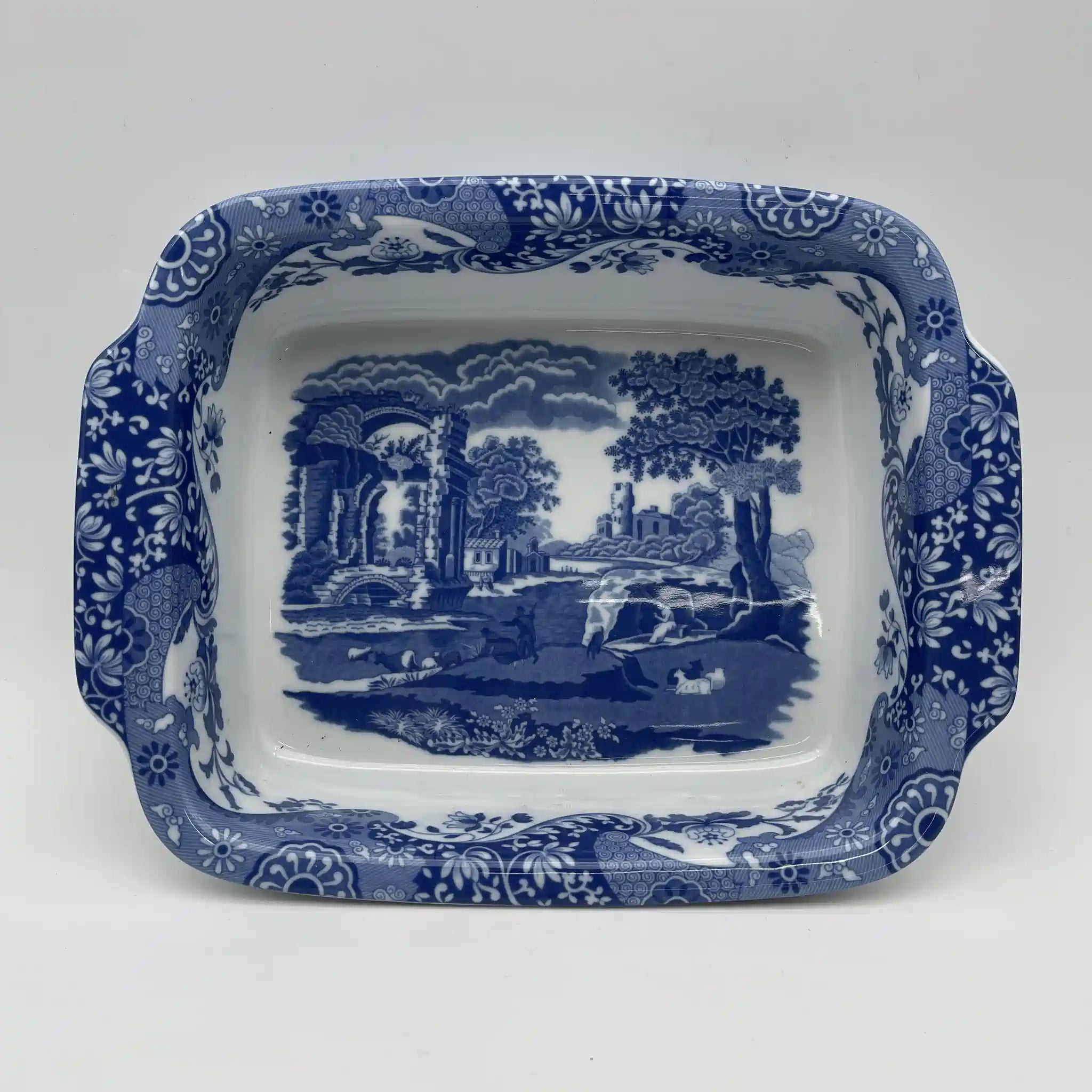 【リユース】 スクエアロースター (グラタン皿) / Spode (スポード) / Blue Italian / 1990-2000年代 / ストーンウェア / イギリス / ブルー＆ホワイト, 銅版転写, 古代ローマ遺跡