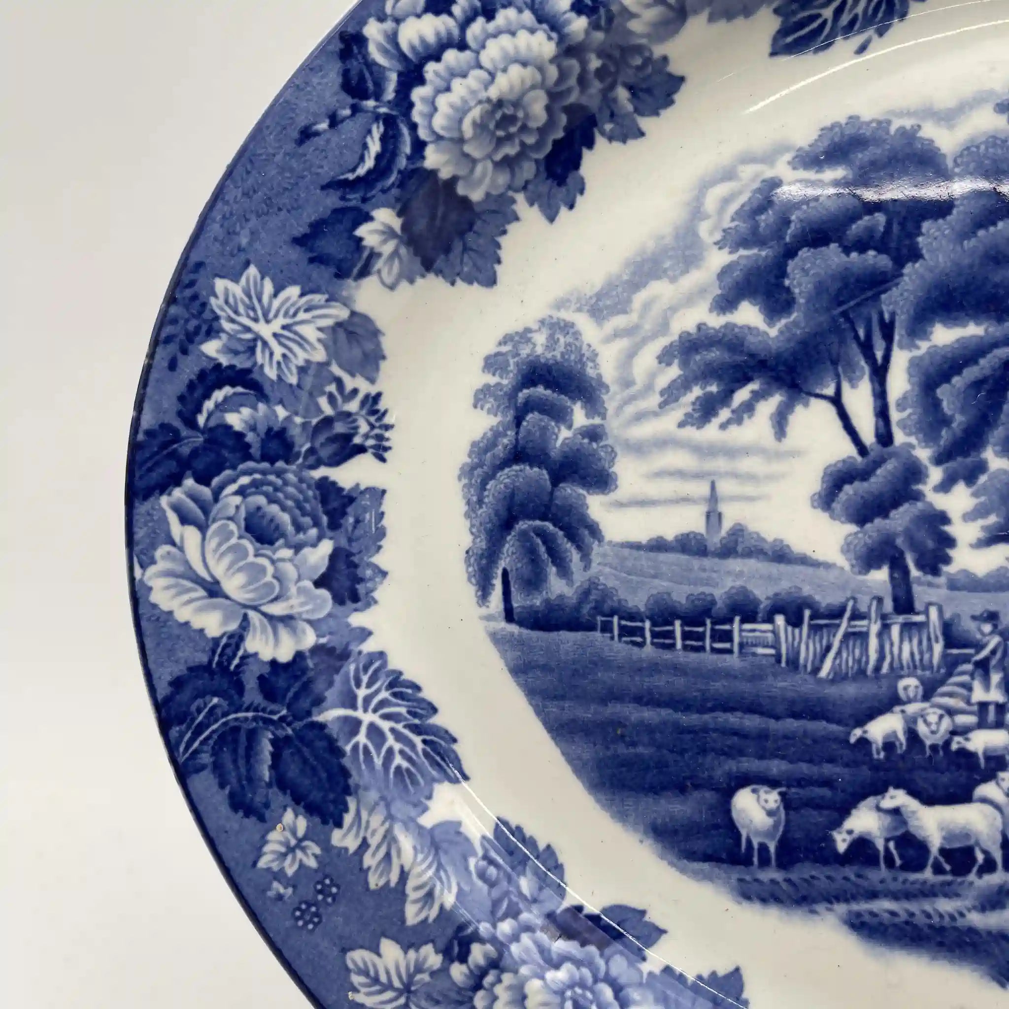 [Vintage] Oval serving plate (platter) / Wood & Sons / English Scenery / 1940-1960s (estimated) / Ironstone / England / Blue & White, Copperplate transfer, British countryside scene
