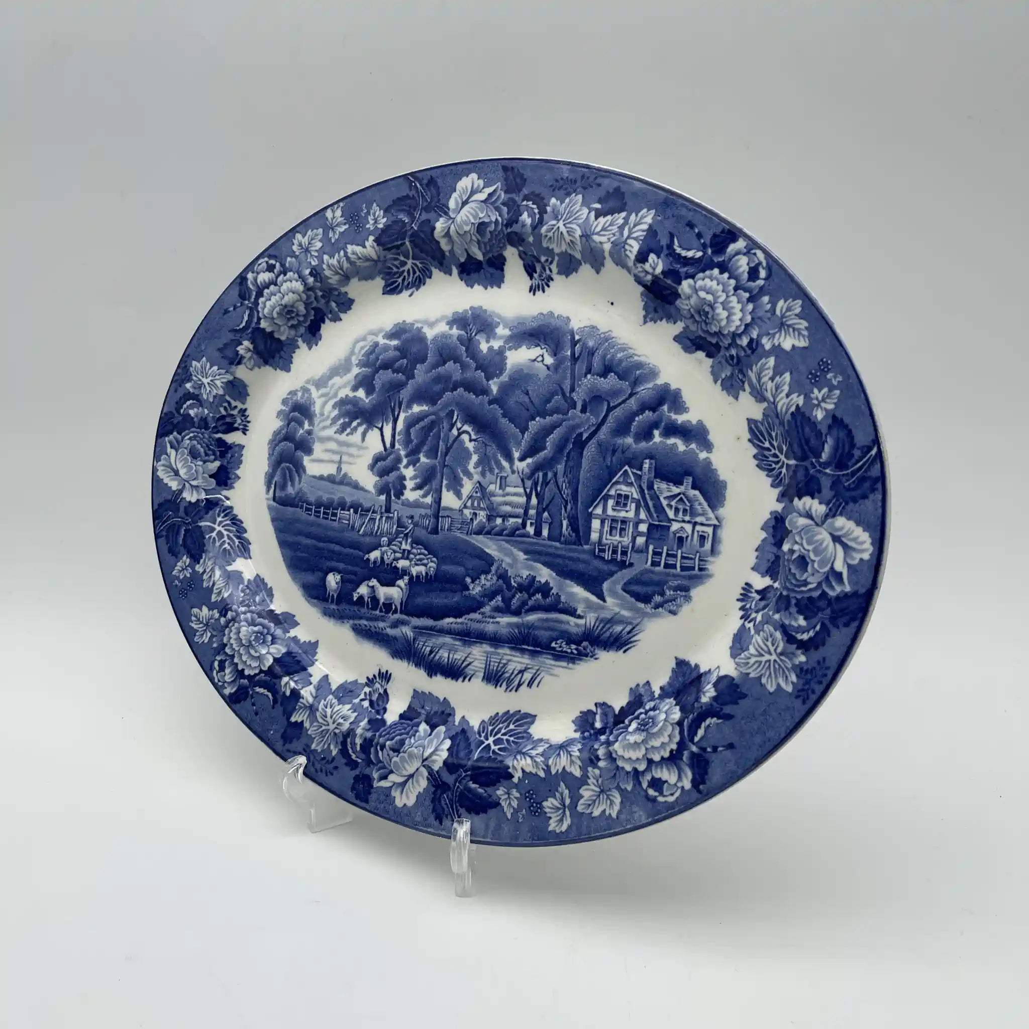 【ビンテージ】 オーバルサービングプレート (大皿) / Wood＆Sons (ウッド&サンズ) / English Scenery / 1940-1960年代 (推定) / アイアンストーン / イギリス / ブルー＆ホワイト, 銅版転写, 英国田園風景