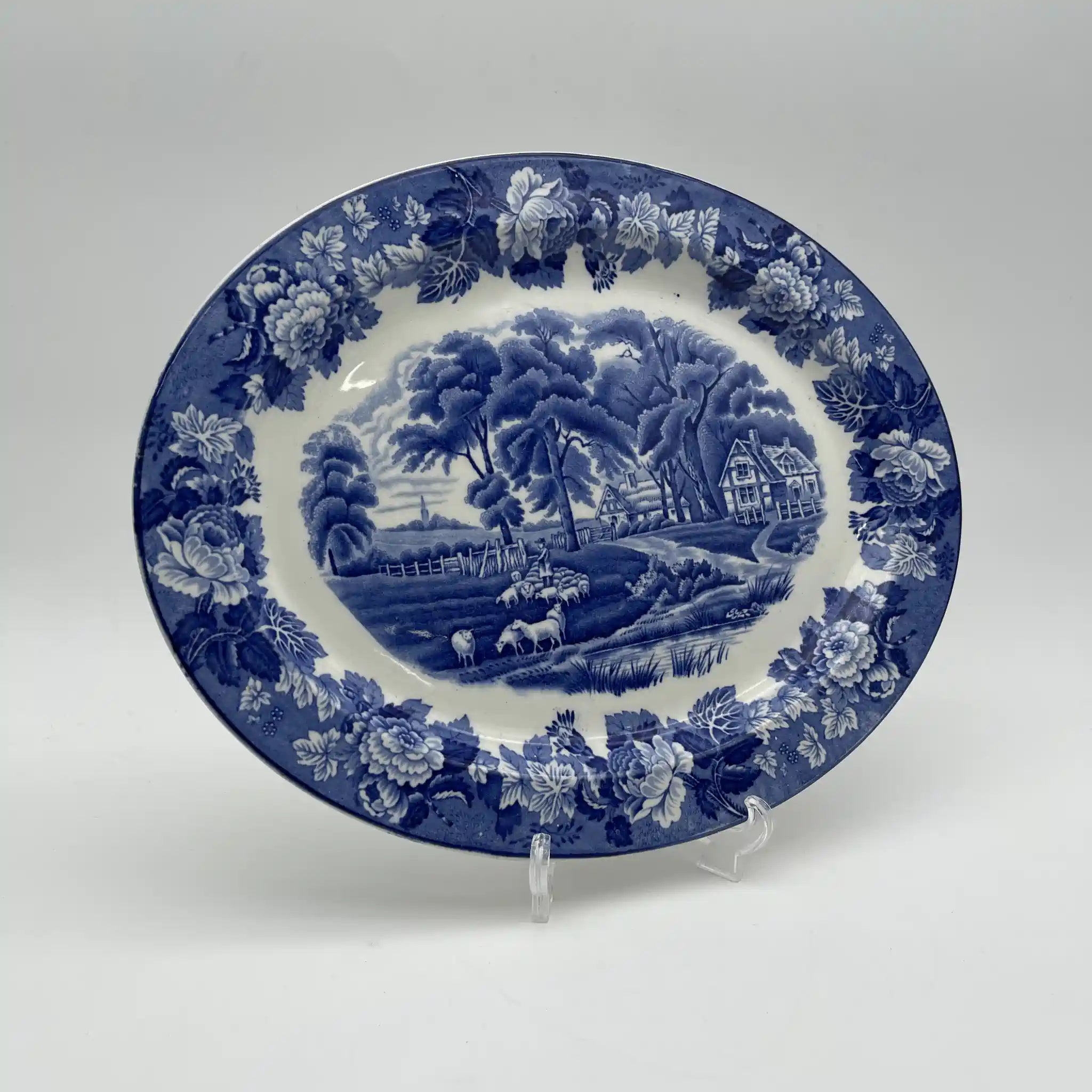 [Vintage] Oval serving plate (platter) / Wood & Sons / English Scenery / 1940-1960s (estimated) / Ironstone / England / Blue & White, Copperplate transfer, British countryside scene