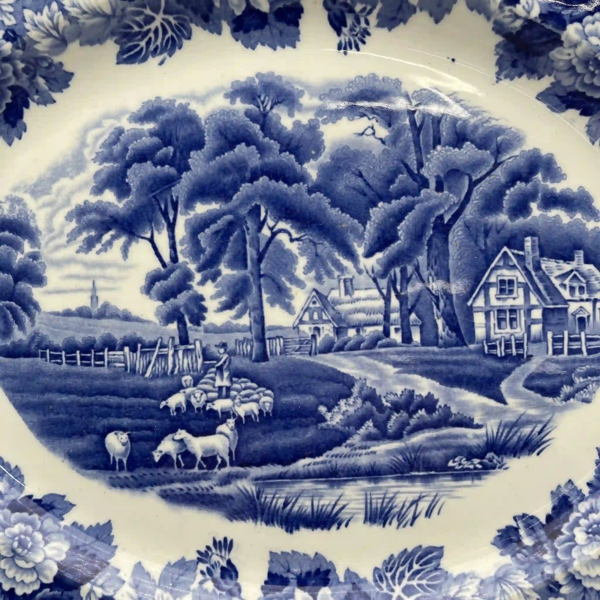 [Vintage] Oval serving plate (platter) / Wood & Sons / English Scenery / 1940-1960s (estimated) / Ironstone / England / Blue & White, Copperplate transfer, British countryside scene