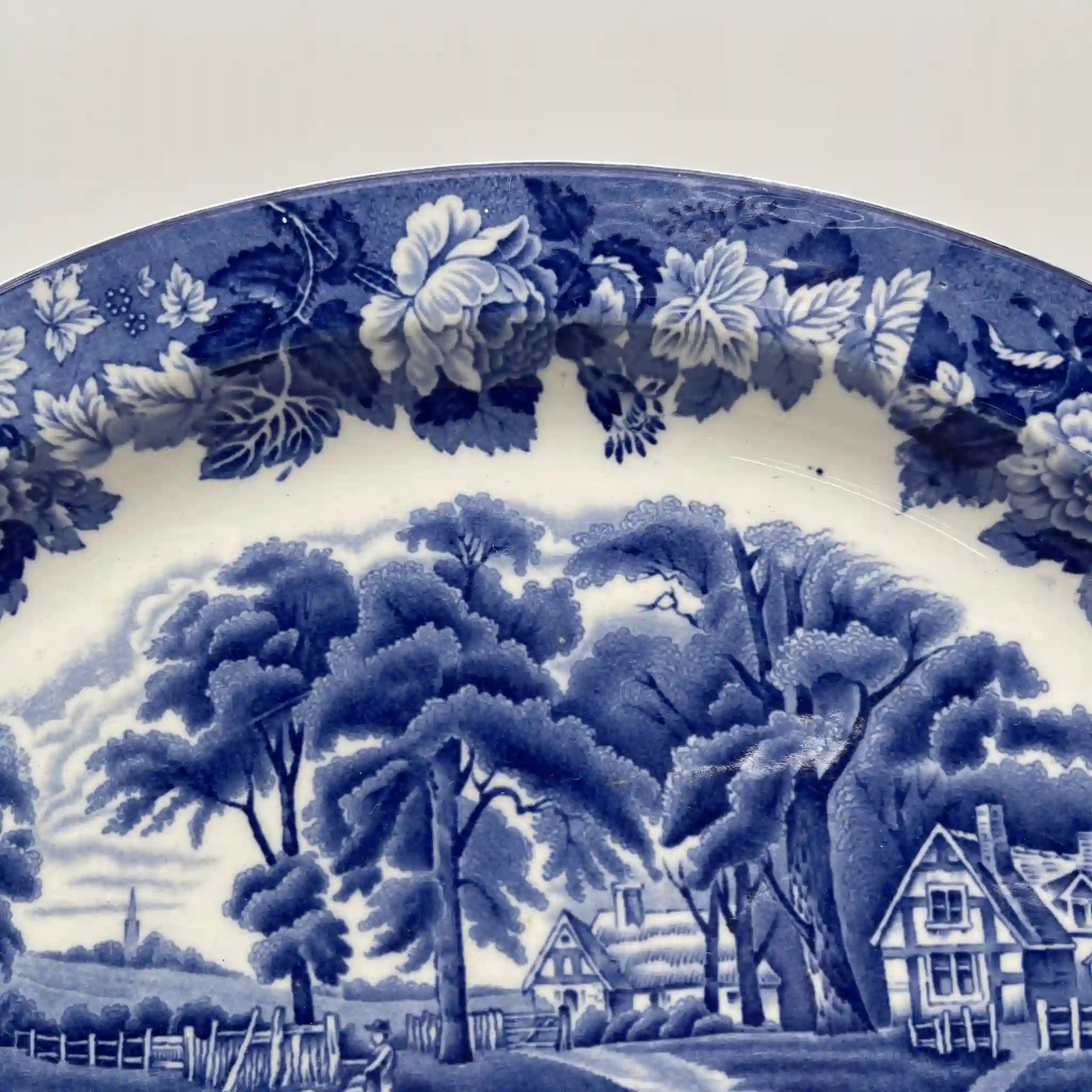 [Vintage] Oval serving plate (platter) / Wood & Sons / English Scenery / 1940-1960s (estimated) / Ironstone / England / Blue & White, Copperplate transfer, British countryside scene
