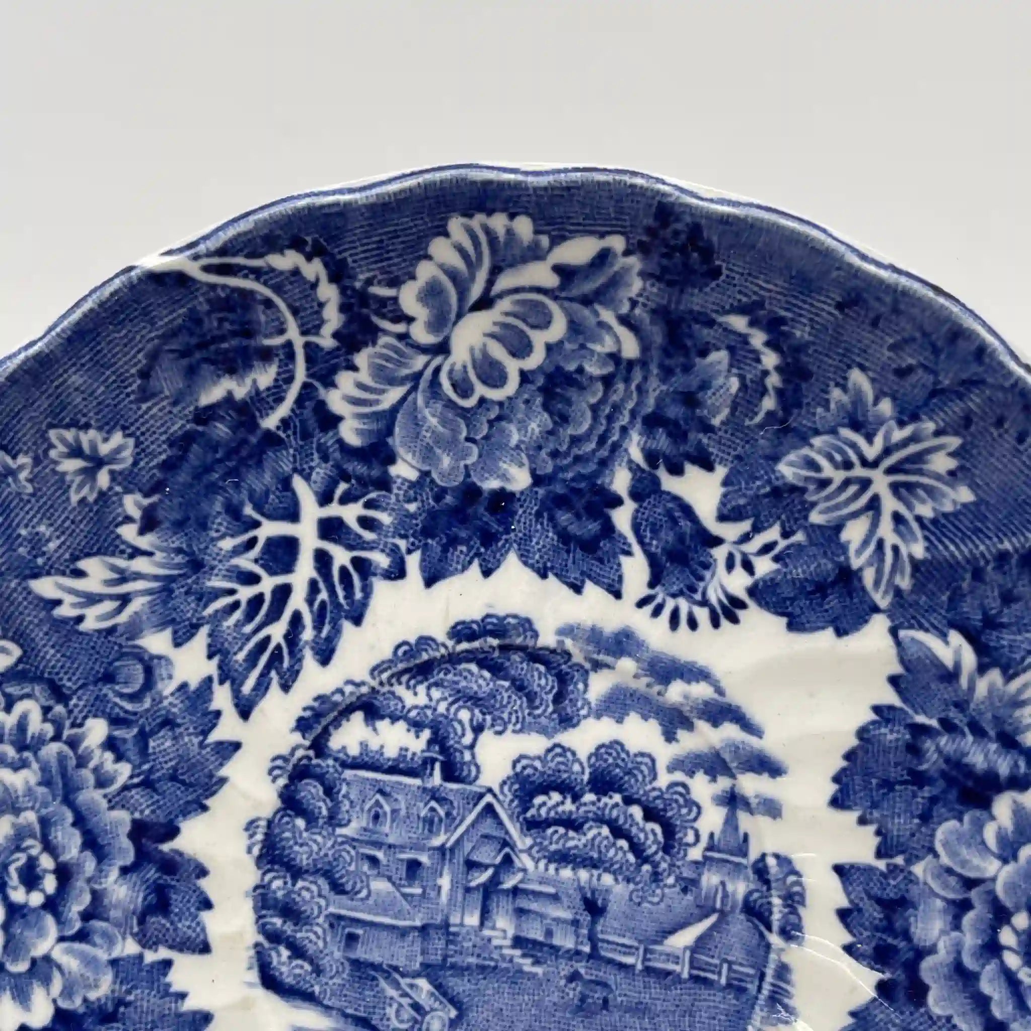 [Vintage] Cup & Saucer / Wood & Sons / English Scenery / 1940-1960s (estimated) / Ironstone / England / Blue & White, Copperplate transfer, British countryside scene