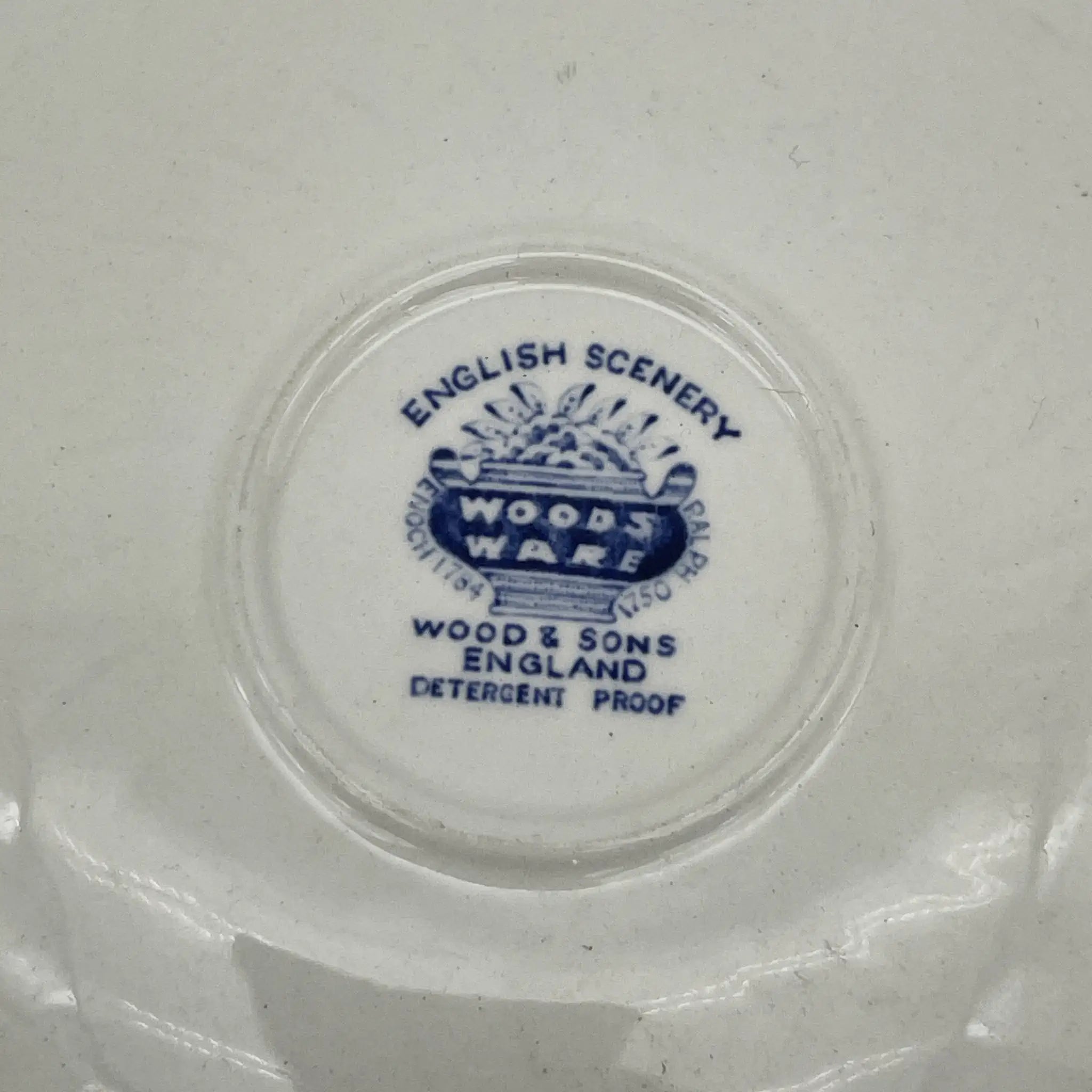 [Vintage] Cup & Saucer / Wood & Sons / English Scenery / 1940-1960s (estimated) / Ironstone / England / Blue & White, Copperplate transfer, British countryside scene