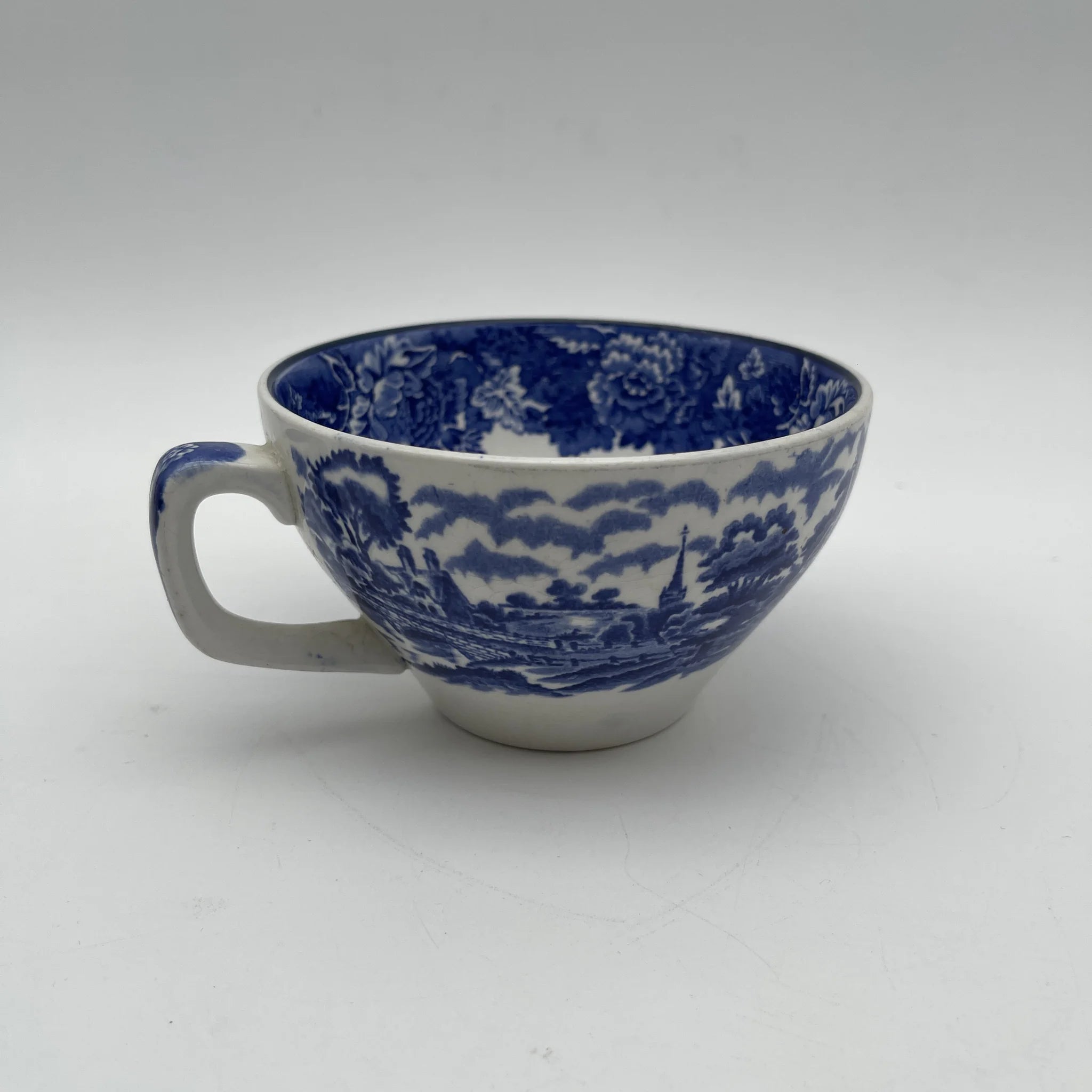 [Vintage] Cup & Saucer / Wood & Sons / English Scenery / 1940-1960s (estimated) / Ironstone / England / Blue & White, Copperplate transfer, British countryside scene