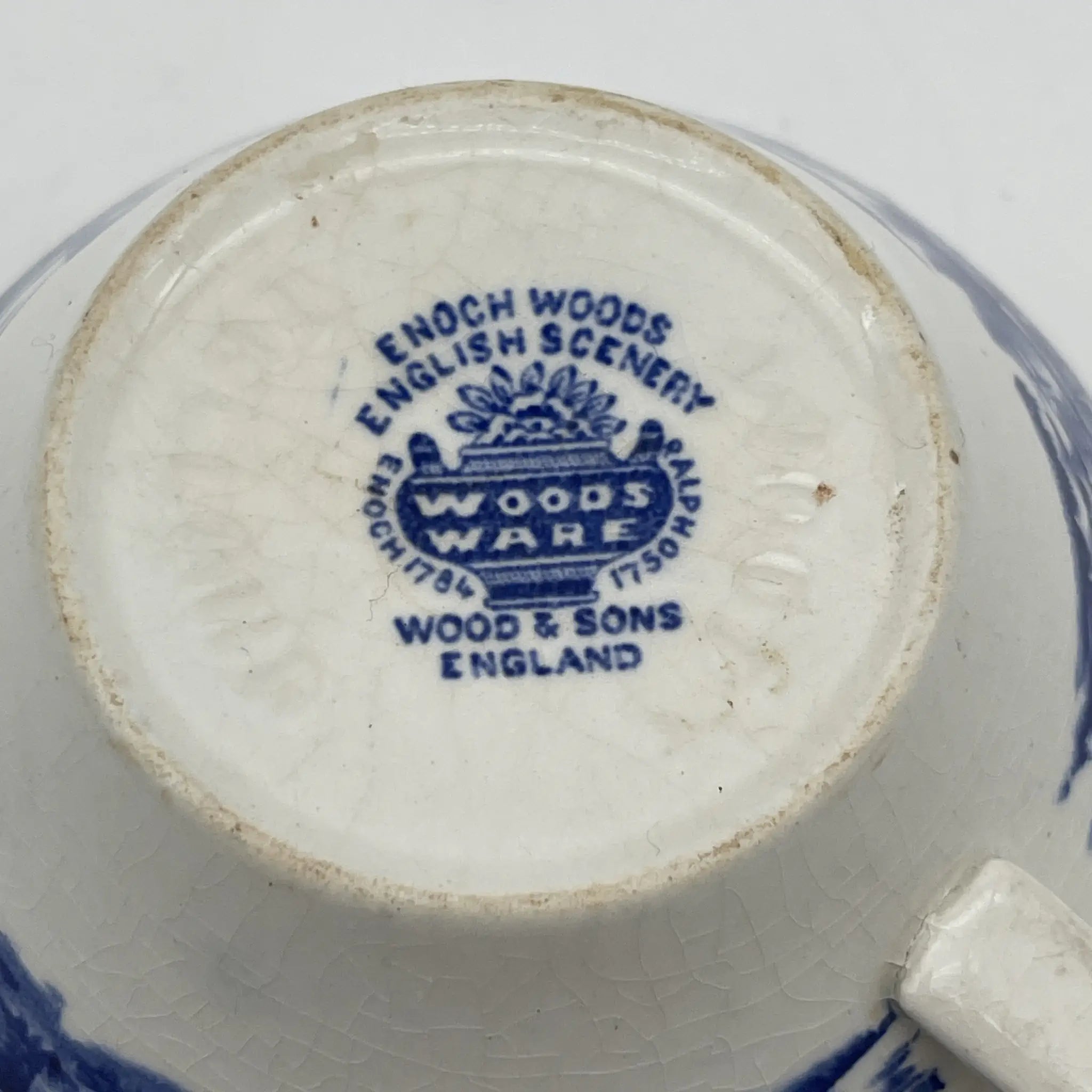 [Vintage] Cup & Saucer / Wood & Sons / English Scenery / 1940-1960s (estimated) / Ironstone / England / Blue & White, Copperplate transfer, British countryside scene