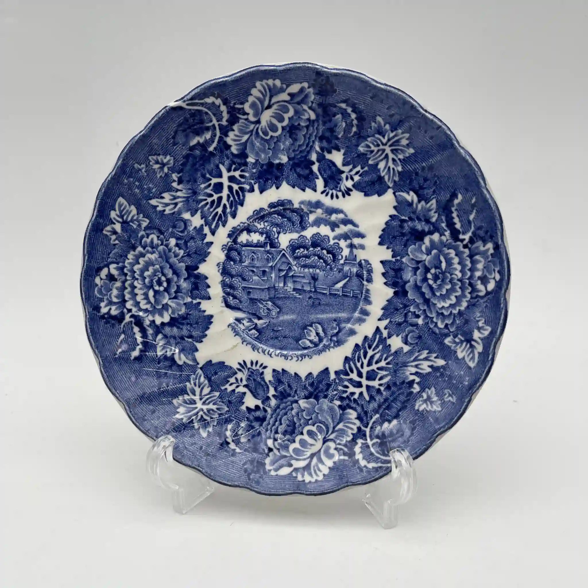 [Vintage] Cup & Saucer / Wood & Sons / English Scenery / 1940-1960s (estimated) / Ironstone / England / Blue & White, Copperplate transfer, British countryside scene