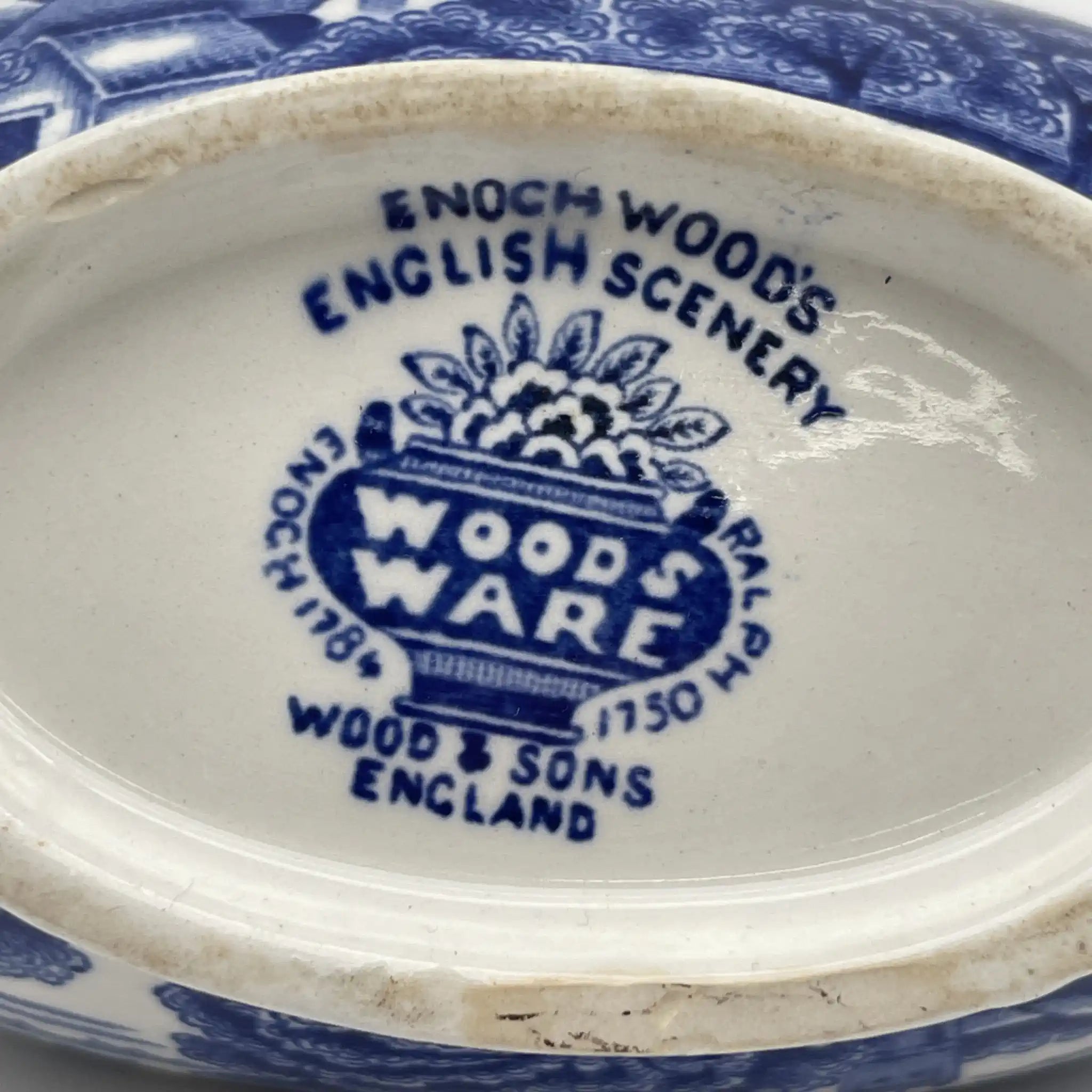 [Vintage] Gravy Boat (Saucière/Sauce Boat) / Wood & Sons / English Scenery / 1940-1960s (estimated) / Ironstone / England / Blue & White, Copperplate transfer, British countryside scene