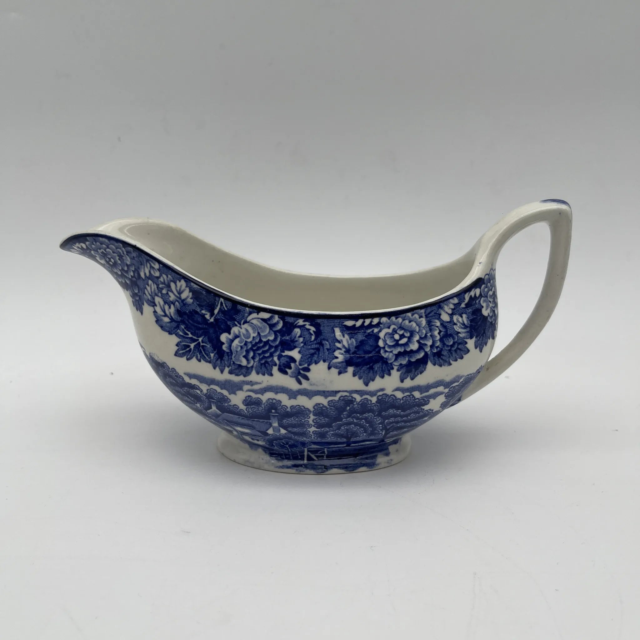 【ビンテージ】 グレービーボート (ソーシエール/ソースボート) / Wood＆Sons (ウッド&サンズ) / English Scenery / 1940-1960年代 (推定) / アイアンストーン / イギリス / ブルー＆ホワイト, 銅版転写, 英国田園風景