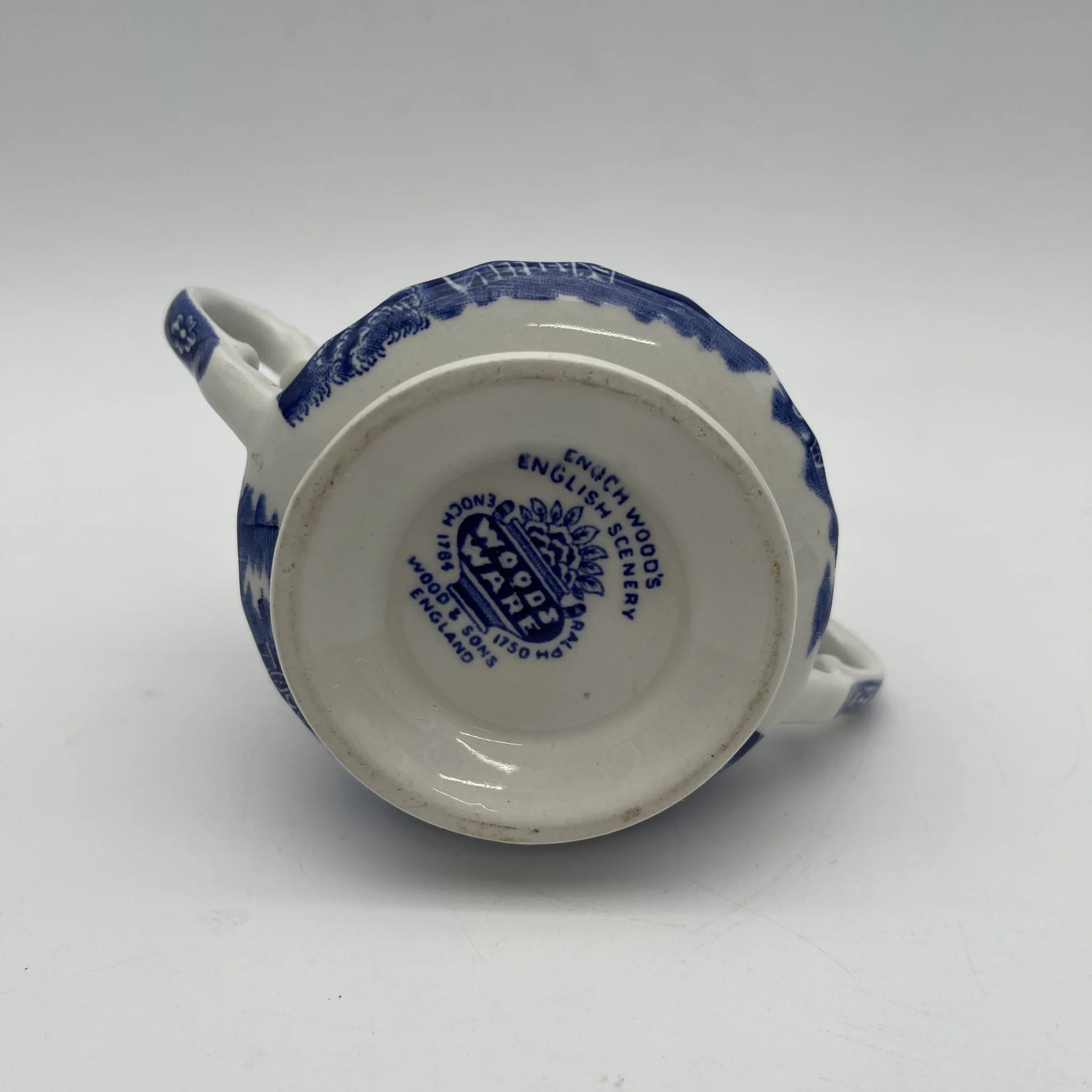 [Vintage] Sugar Bowl (Sugar Pot) / Wood & Sons / English Scenery / 1940-1960s (estimated) / Ironstone / England / Blue & White, Copperplate transfer, British countryside scene