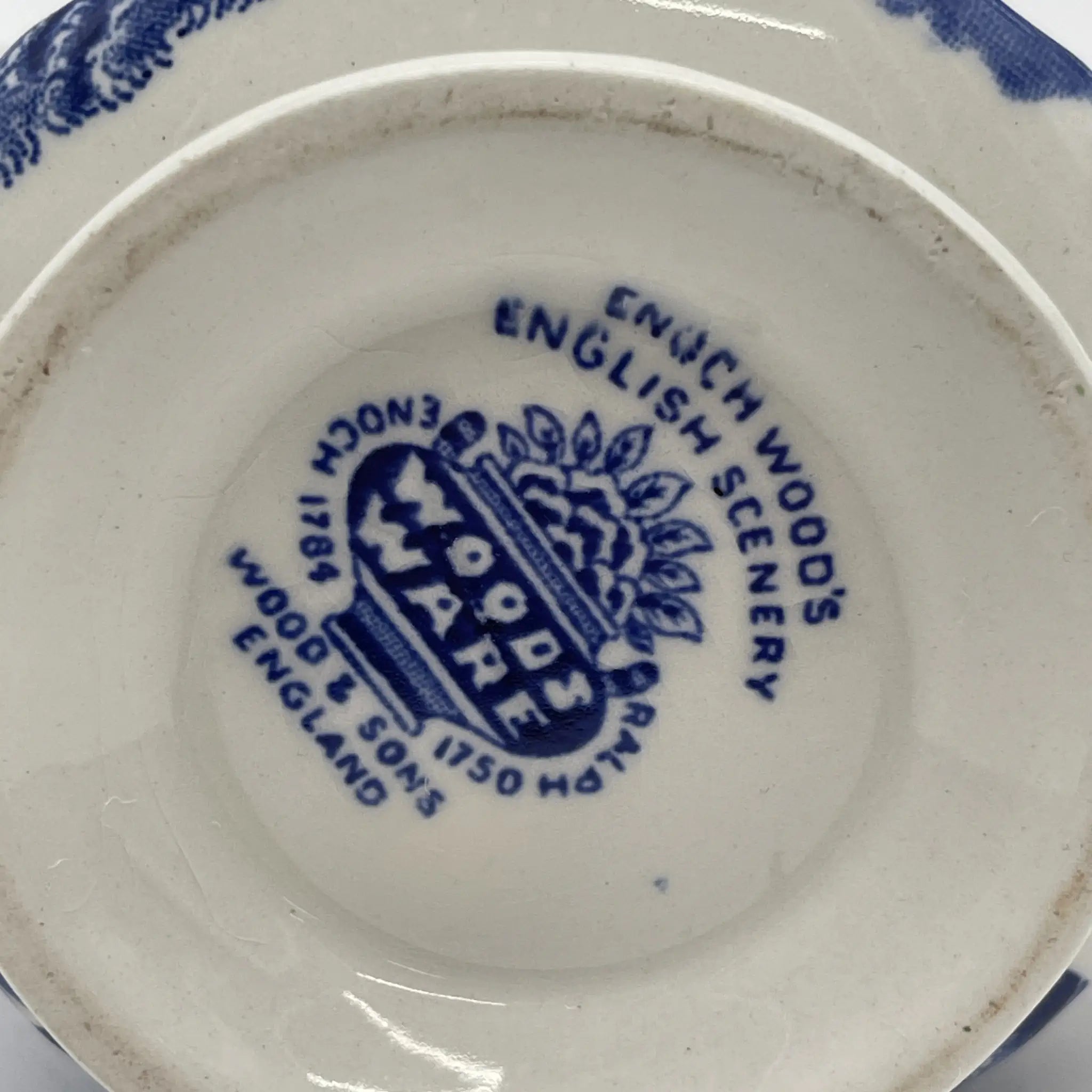 [Vintage] Sugar Bowl (Sugar Pot) / Wood & Sons / English Scenery / 1940-1960s (estimated) / Ironstone / England / Blue & White, Copperplate transfer, British countryside scene
