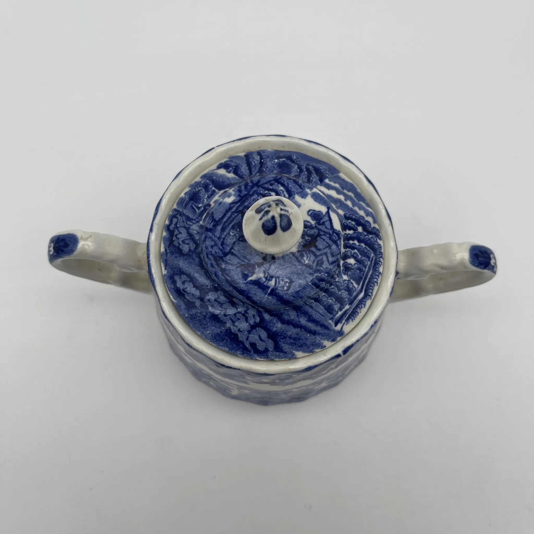 [Vintage] Sugar Bowl (Sugar Pot) / Wood & Sons / English Scenery / 1940-1960s (estimated) / Ironstone / England / Blue & White, Copperplate transfer, British countryside scene