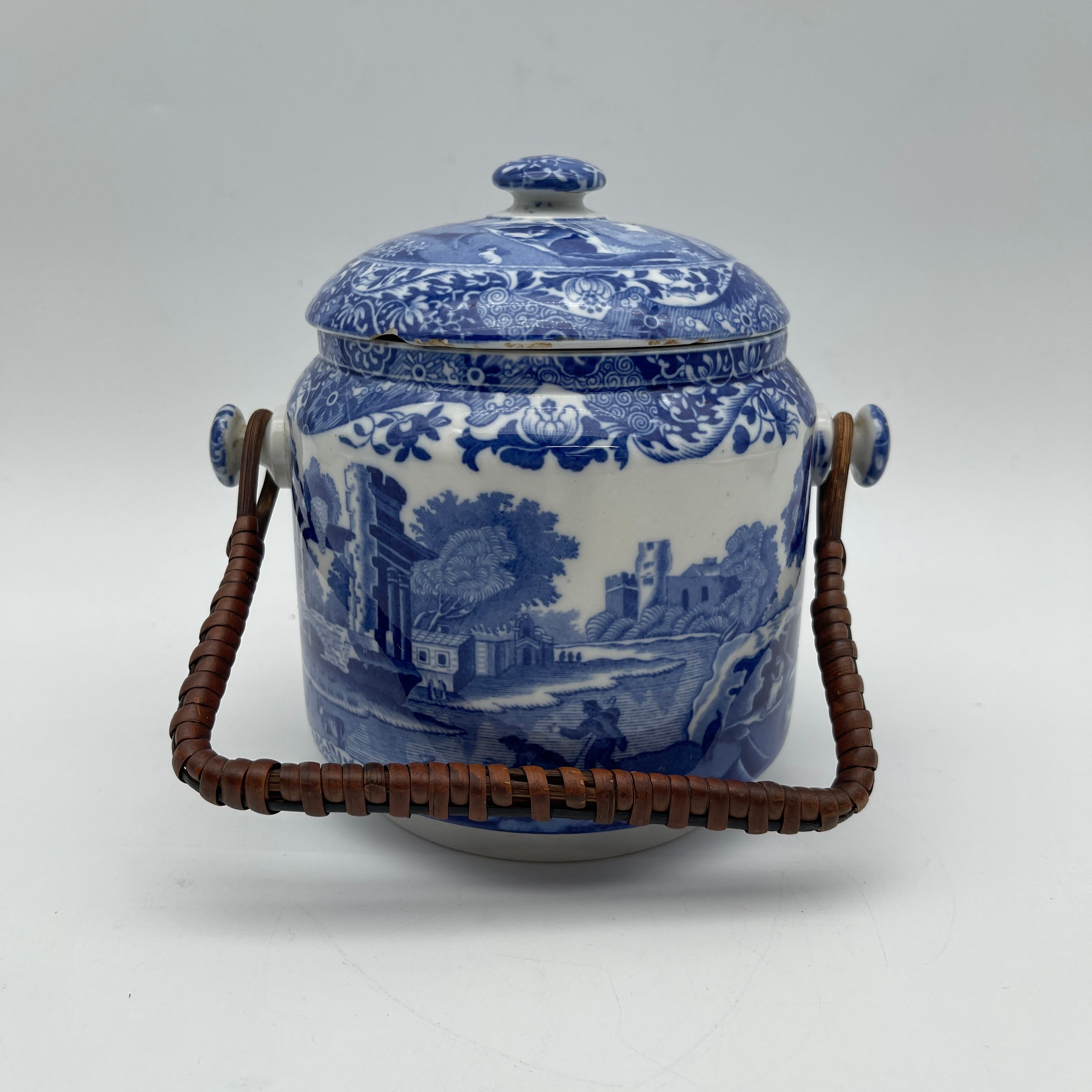 【アンティーク】 ビスケットジャー (蓋付き保存容器) / Spode (スポード) / Blue Italian / 1890-1920年代 / 陶器 / イギリス / ブルー＆ホワイト, 銅版転写, 古代ローマ遺跡