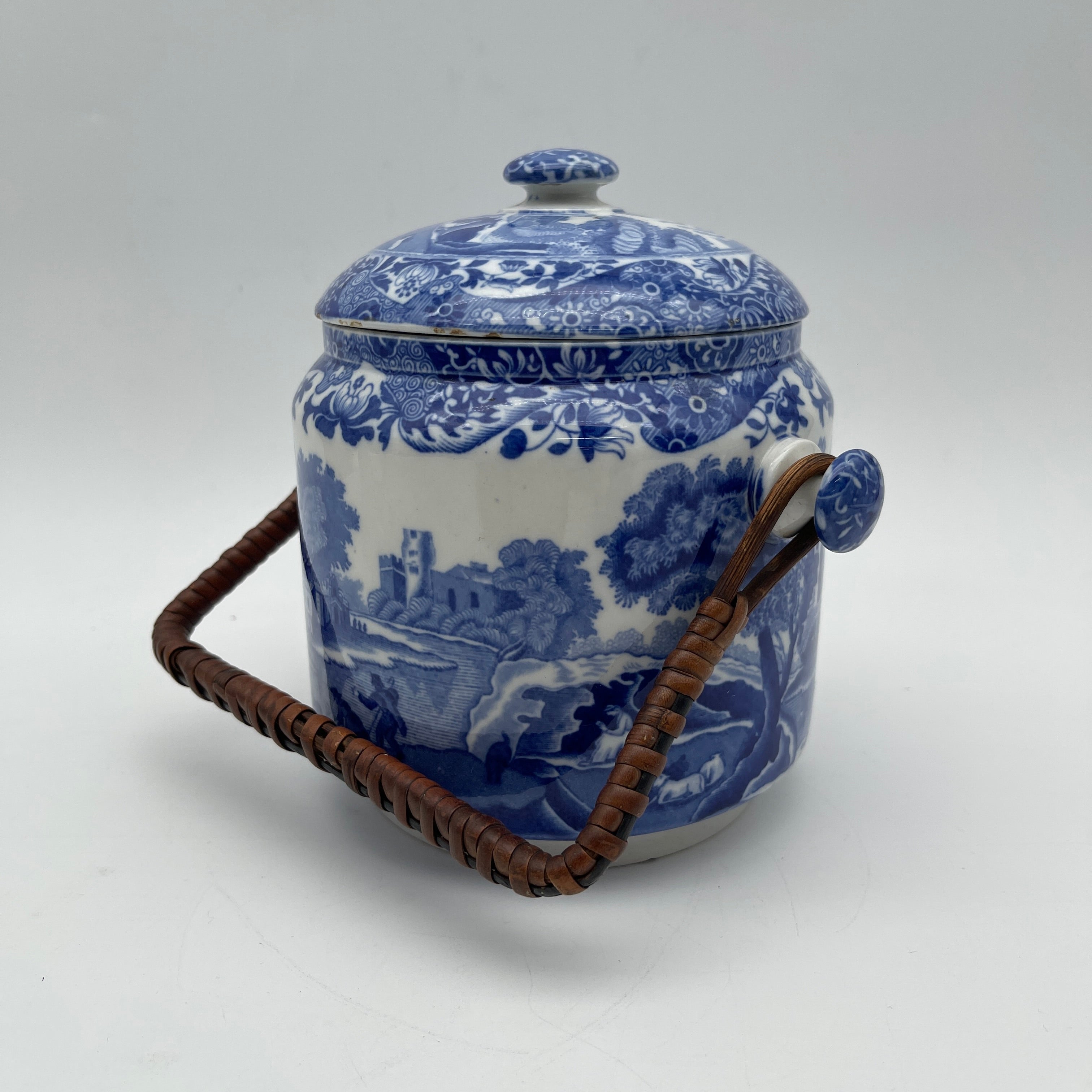 【アンティーク】 ビスケットジャー (蓋付き保存容器) / Spode (スポード) / Blue Italian / 1890-1920年代 / 陶器 / イギリス / ブルー＆ホワイト, 銅版転写, 古代ローマ遺跡