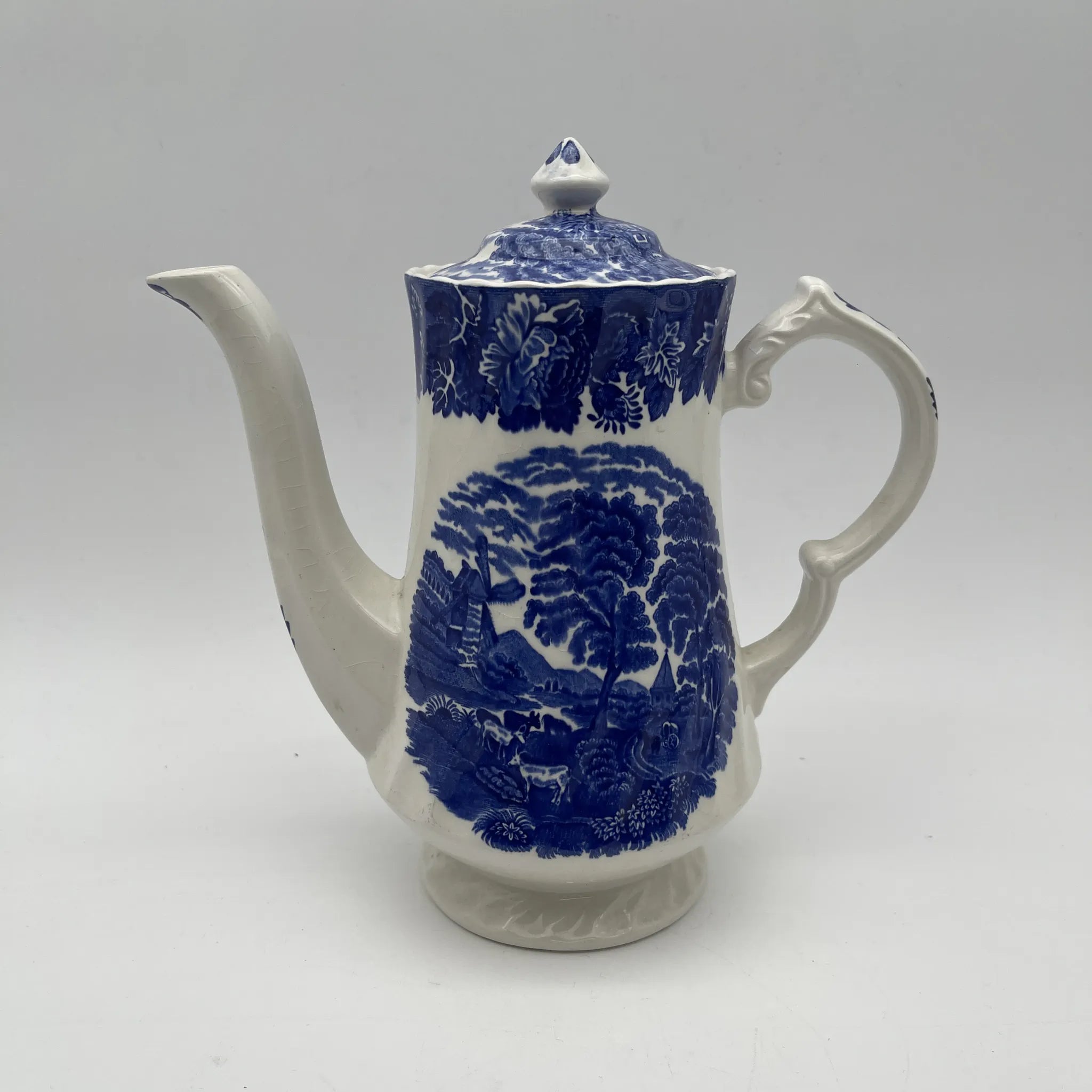 【ビンテージ】 コーヒーポット / Wood＆Sons (ウッド&サンズ) / English Scenery / 1940-1960年代 (推定) / アイアンストーン / イギリス / ブルー＆ホワイト, 銅版転写, 英国田園風景