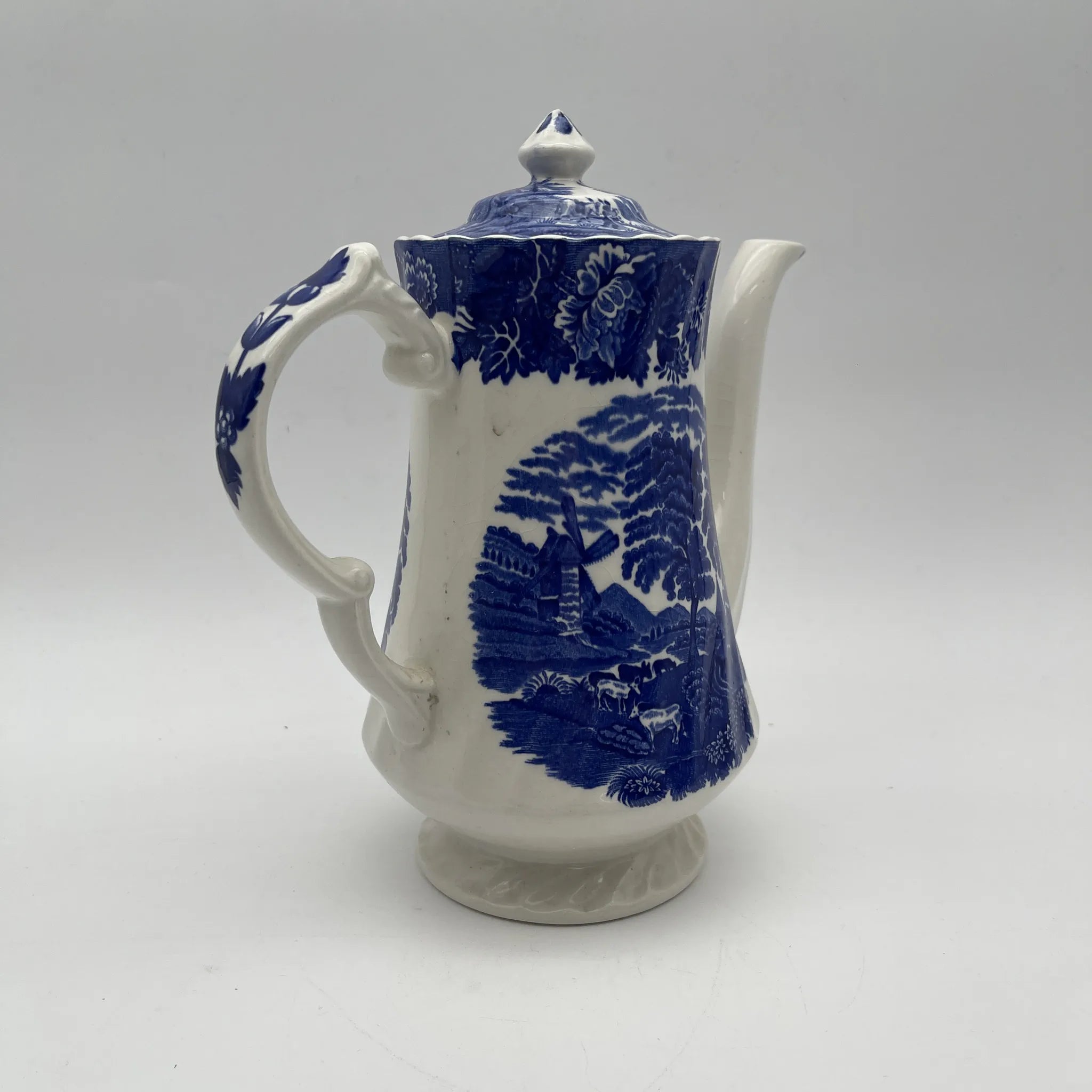 【复古】咖啡壶/ Wood & Sons (Wood & Sons) / English Scenery / 1940-1960年代（推测）/铁石/英国/ 蓝与白，铜版印刷，英国乡村风景