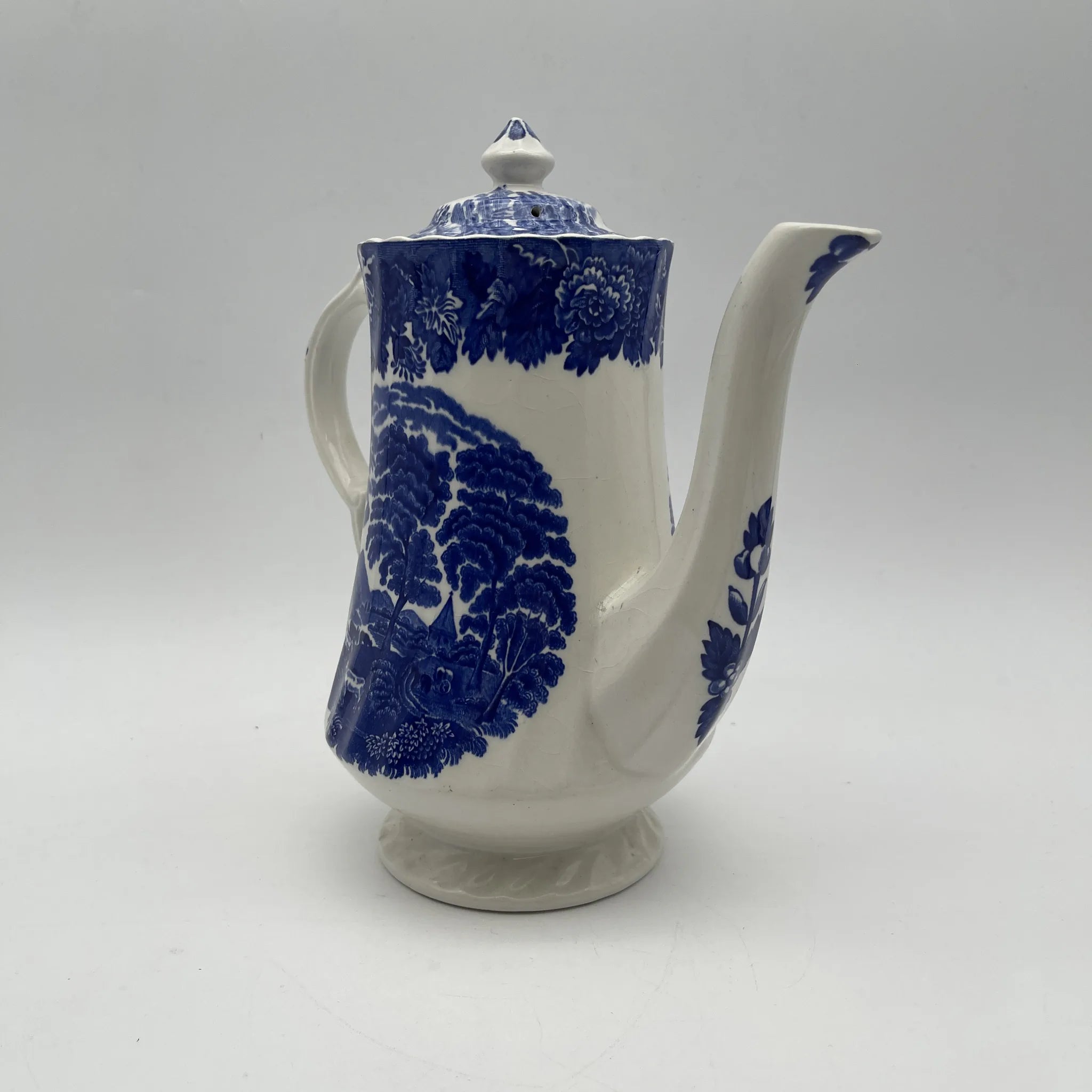 【复古】咖啡壶/ Wood & Sons (Wood & Sons) / English Scenery / 1940-1960年代（推测）/铁石/英国/ 蓝与白，铜版印刷，英国乡村风景