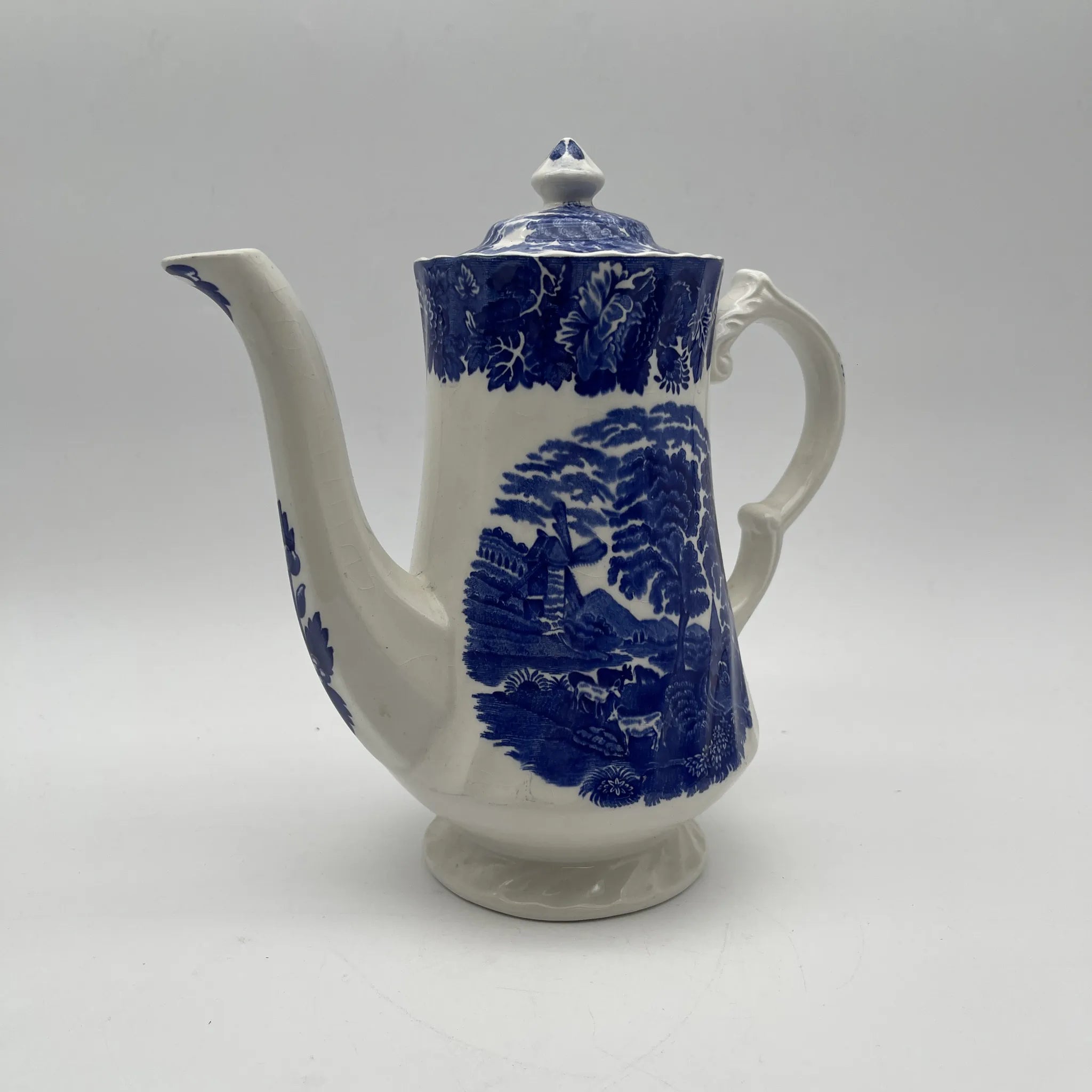 【复古】咖啡壶/ Wood & Sons (Wood & Sons) / English Scenery / 1940-1960年代（推测）/铁石/英国/ 蓝与白，铜版印刷，英国乡村风景