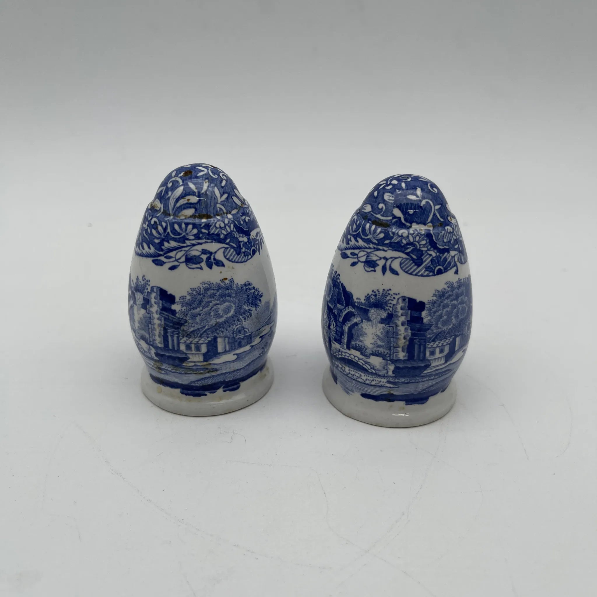 [Vintage] Salt & Pepper Shaker / Spode / Blue Italian / 1970-1990s (estimated) / Pottery / England / Blue & White, Copperplate transfer, Ancient Roman ruins