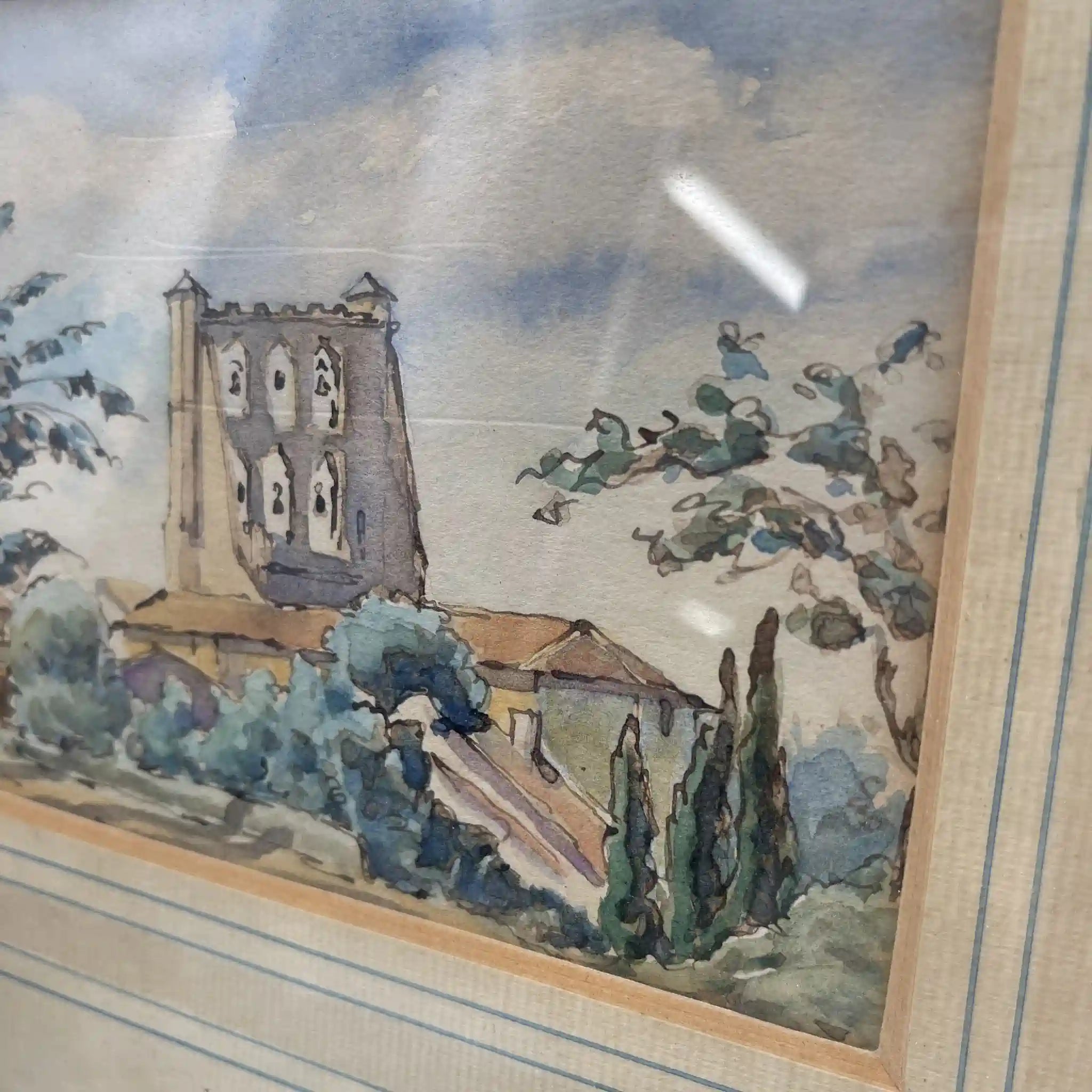 水彩画/ Victor Bonneterre /《The Belltower of The church of Montgiscard》/ 估计20c初/纸/法国