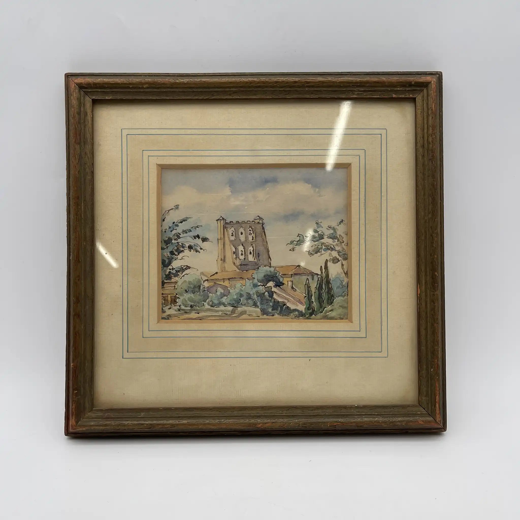 【ビンテージ】 水彩画 / Victor Bonneterre (ヴィクター・ボネテール) / 「The Belltower of the church of Montgiscard」 / 20世紀初頭-中頃 (推定) / 紙 / フランス