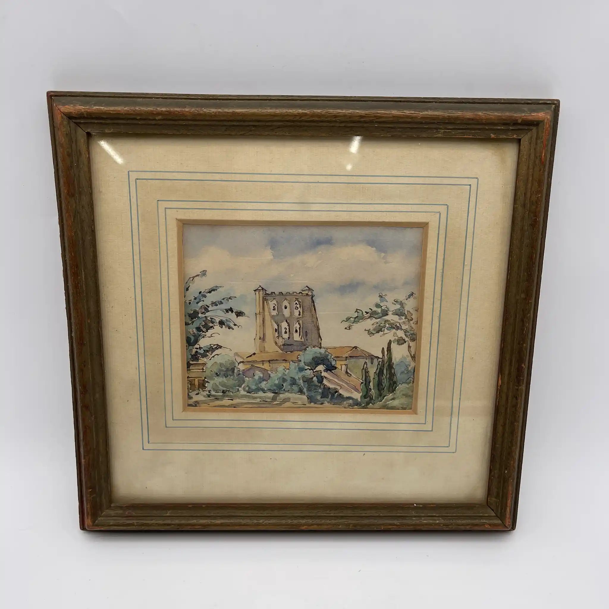 【ビンテージ】 水彩画 / Victor Bonneterre (ヴィクター・ボネテール) / 「The Belltower of the church of Montgiscard」 / 20世紀初頭-中頃 (推定) / 紙 / フランス