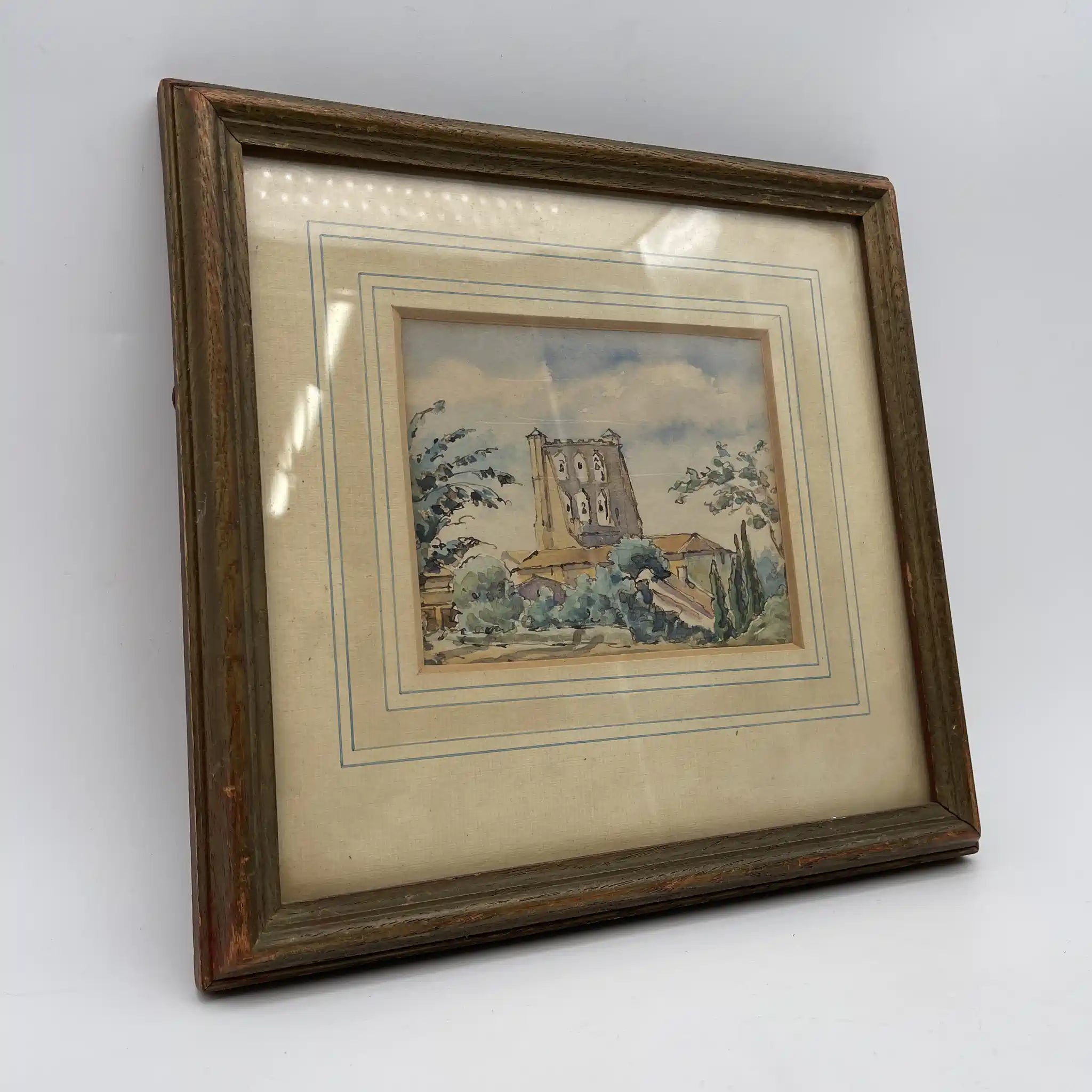 水彩画/ Victor Bonneterre /《The Belltower of The church of Montgiscard》/ 估计20c初/纸/法国