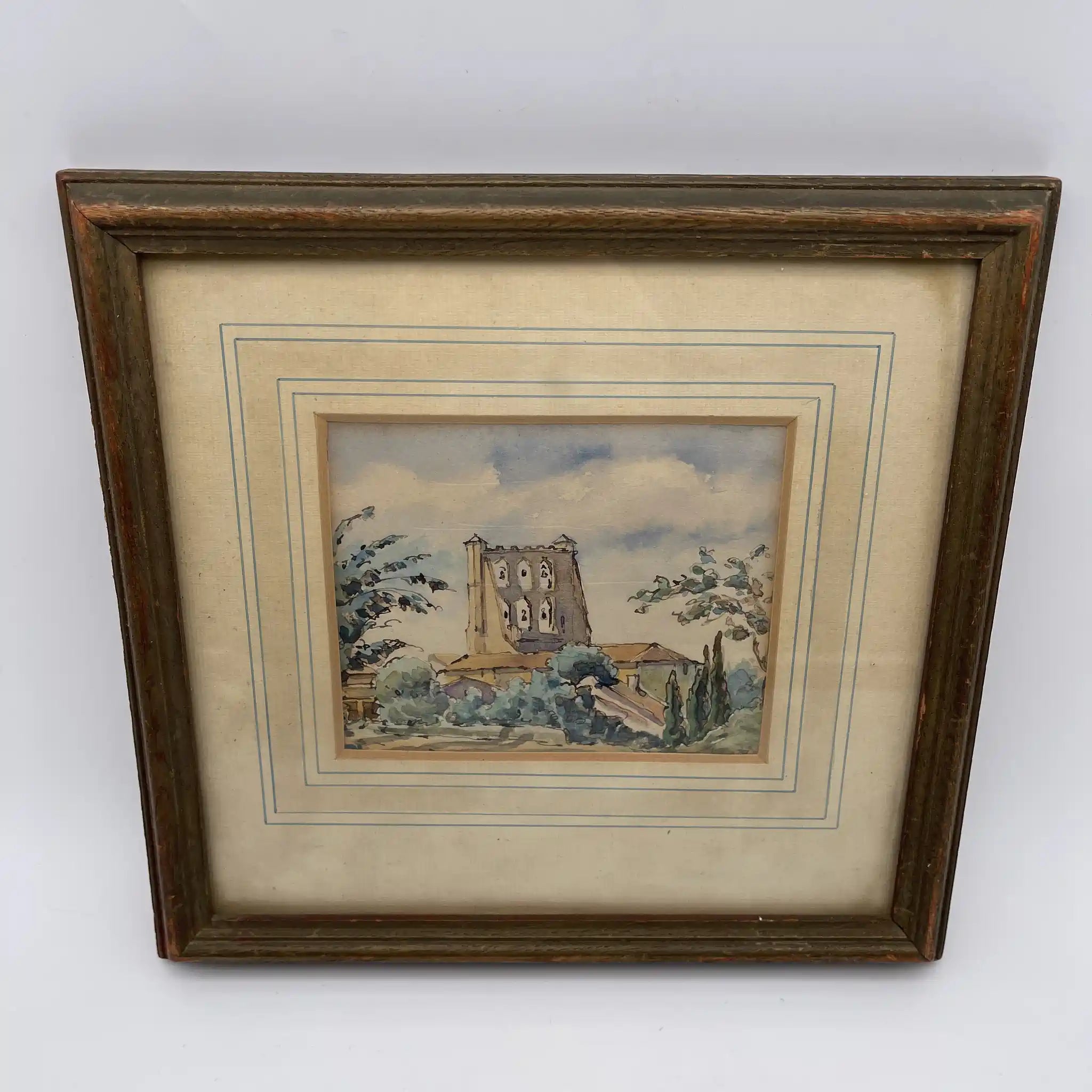 水彩画/ Victor Bonneterre /《The Belltower of The church of Montgiscard》/ 估计20c初/纸/法国