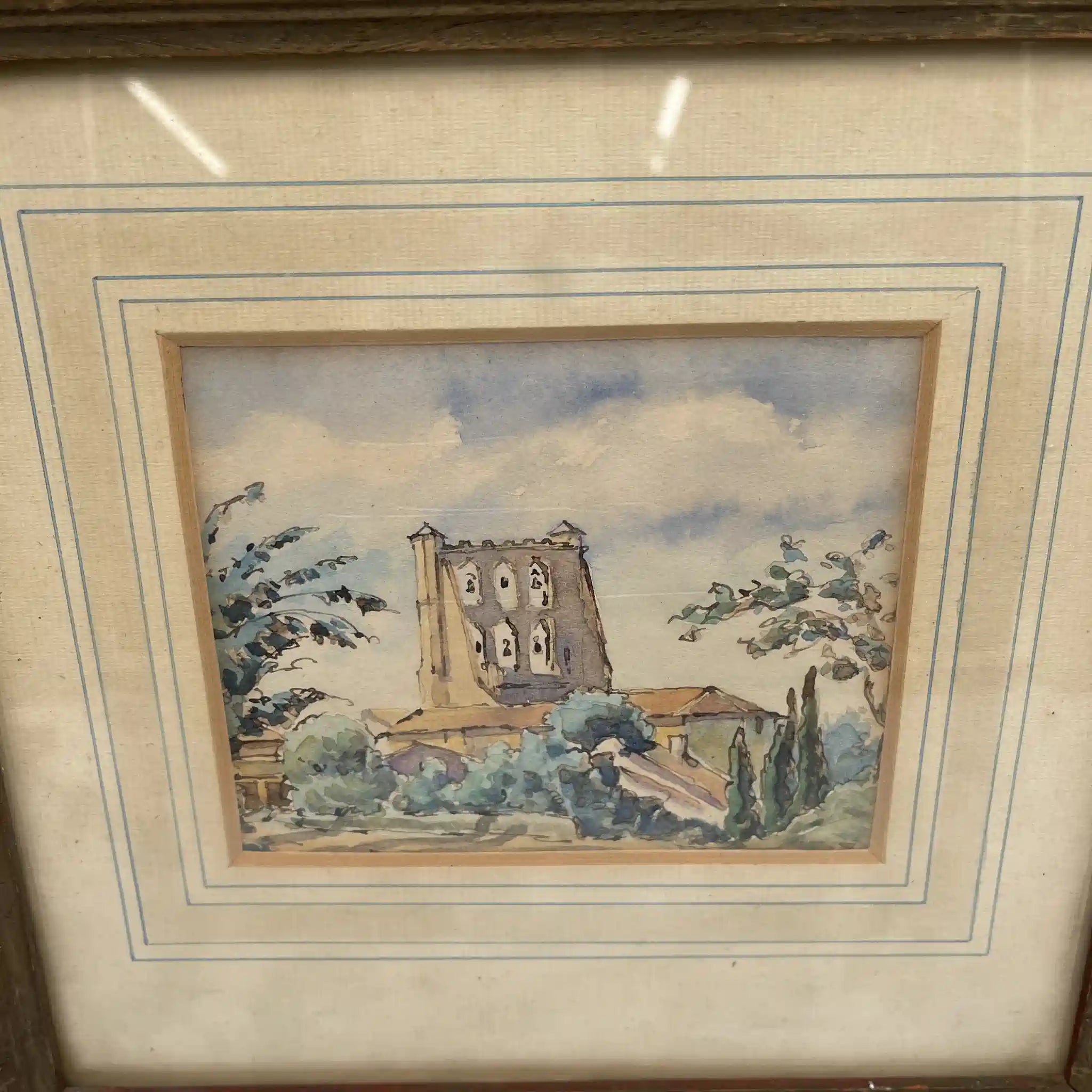 水彩画/ Victor Bonneterre /《The Belltower of The church of Montgiscard》/ 估计20c初/纸/法国